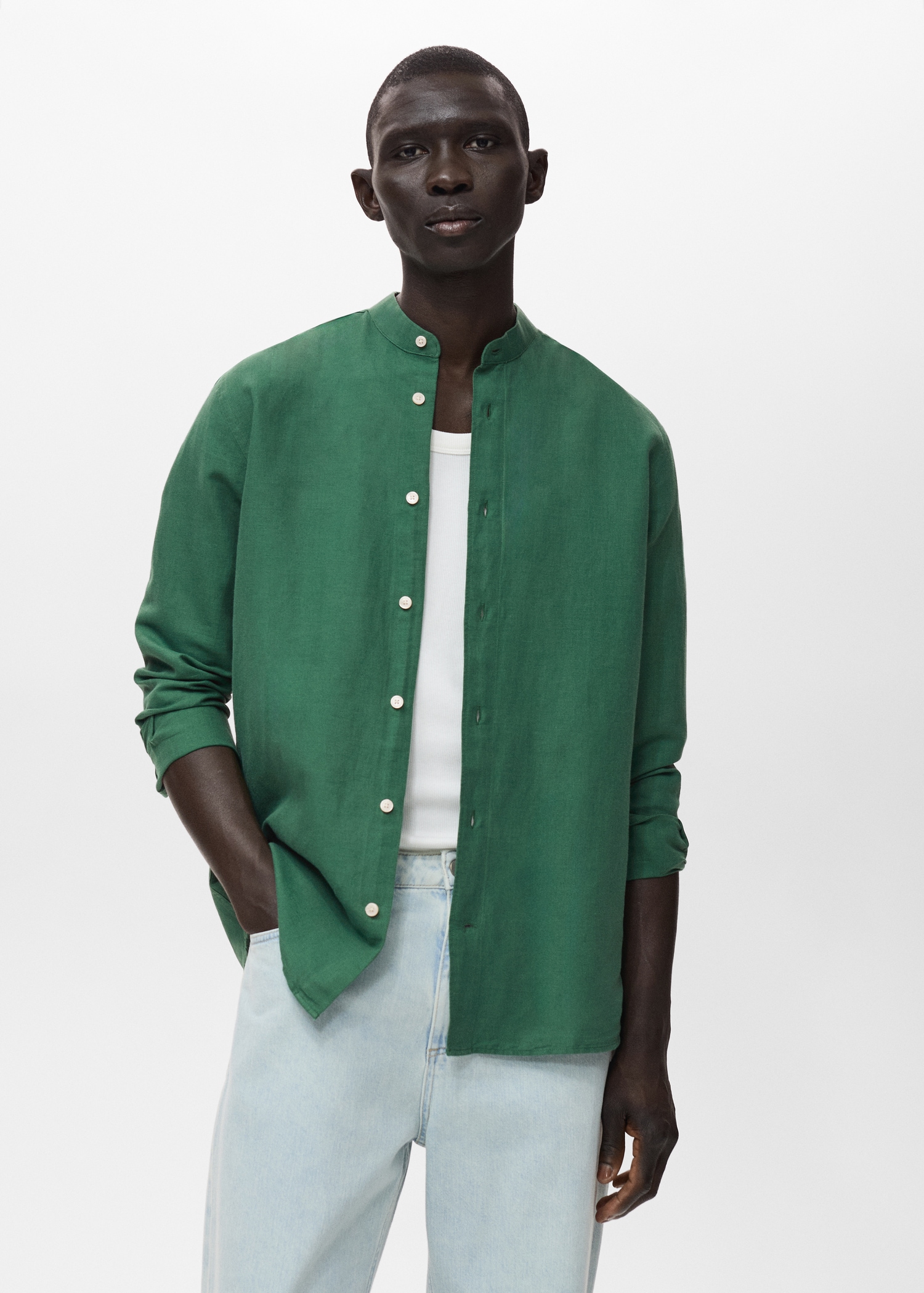 Col Officier Chemise En Lin Verte Chemise En Lin Homme Col