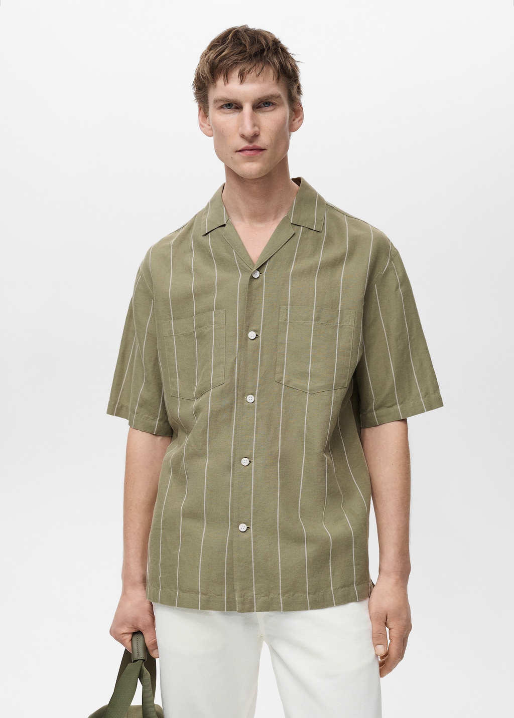 Linen bowling shirt with pinstripes