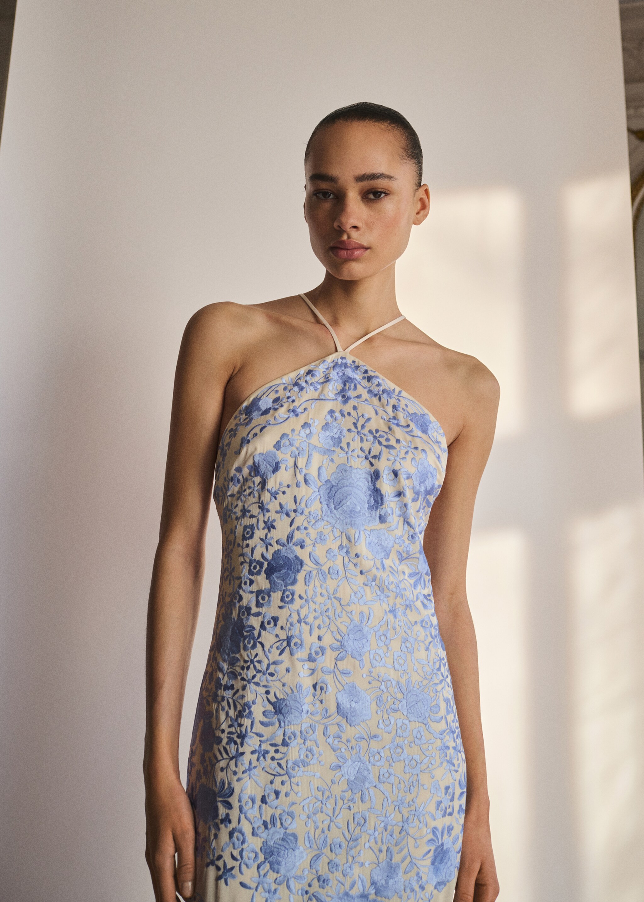 Floral-embroidered dress with fringe detail - Medium plane, Sky Blue. Ref: 87035969-00.
