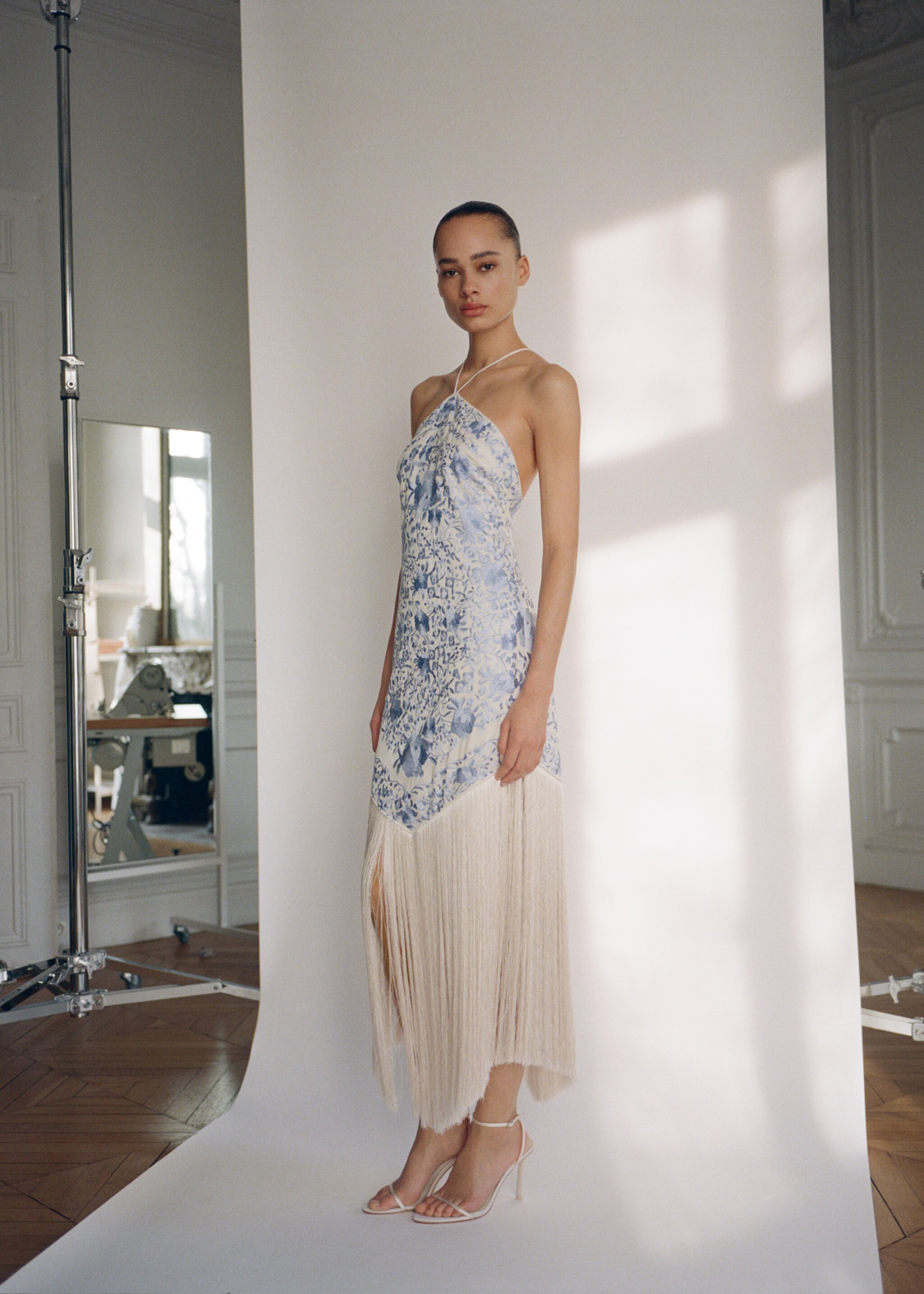Floral-embroidered dress with fringe detail - Details of the article 7, Sky Blue. Ref: 87035969-00.