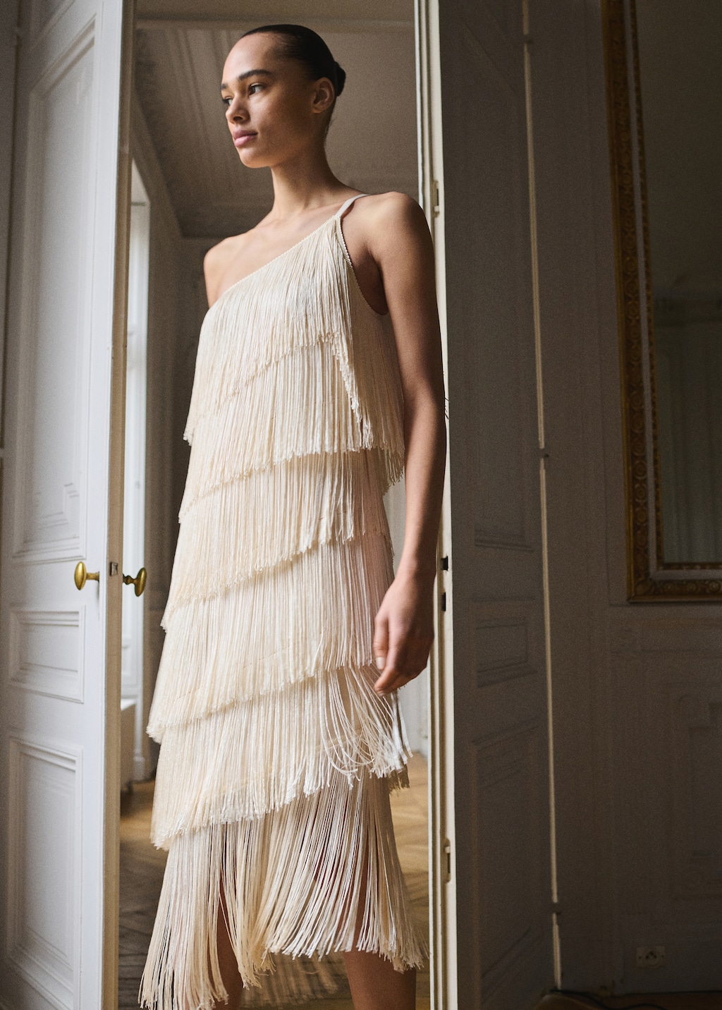 Asymmetrical fringed midi-dress