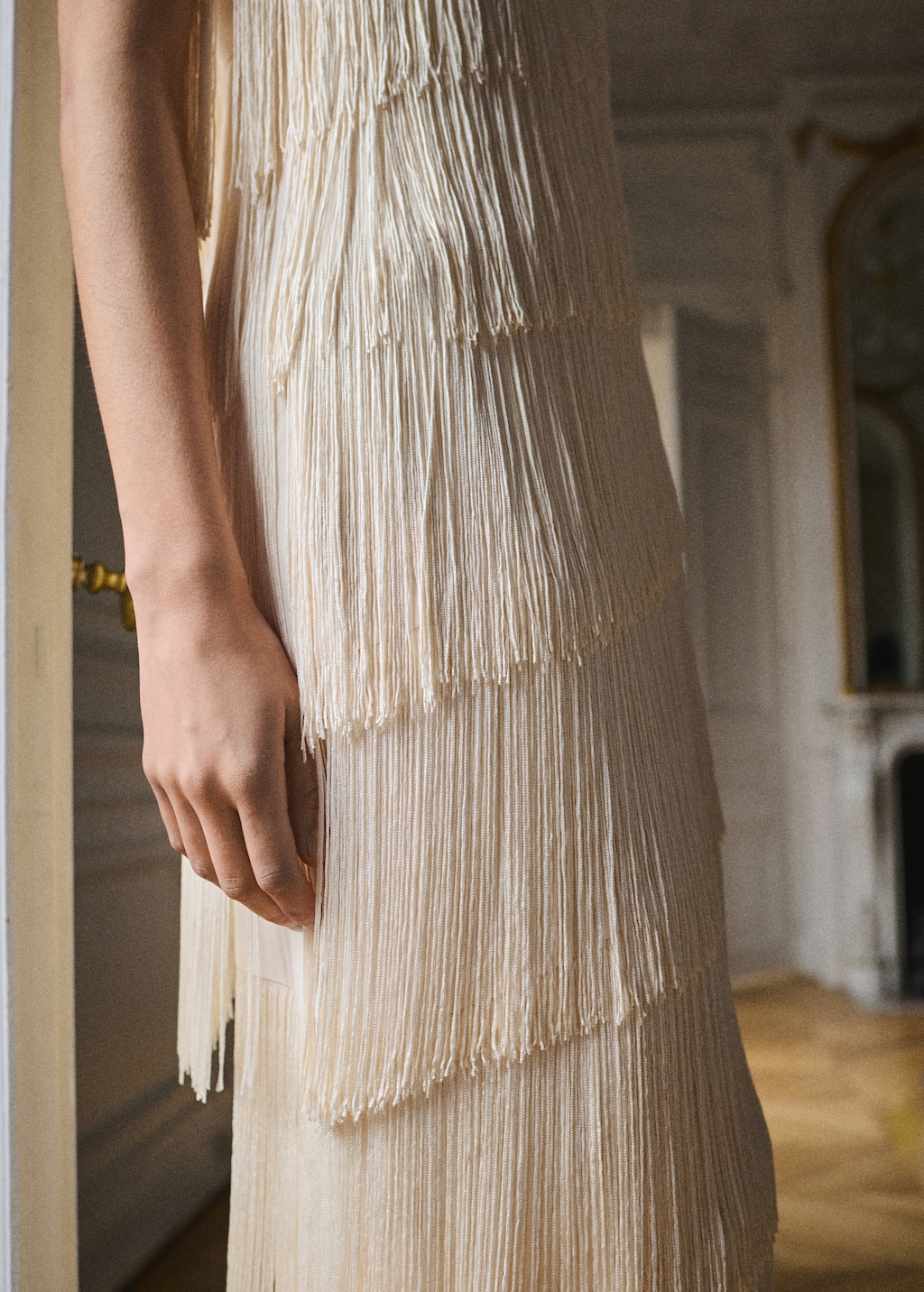 Asymmetrical fringed midi-dress