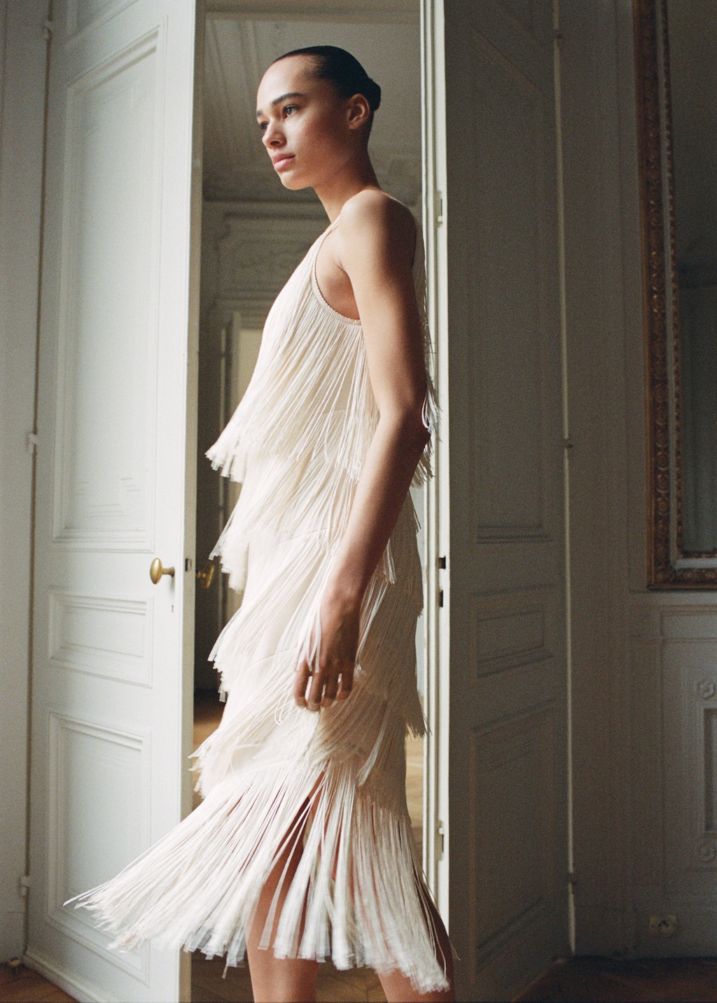 Asymmetrical fringed midi-dress