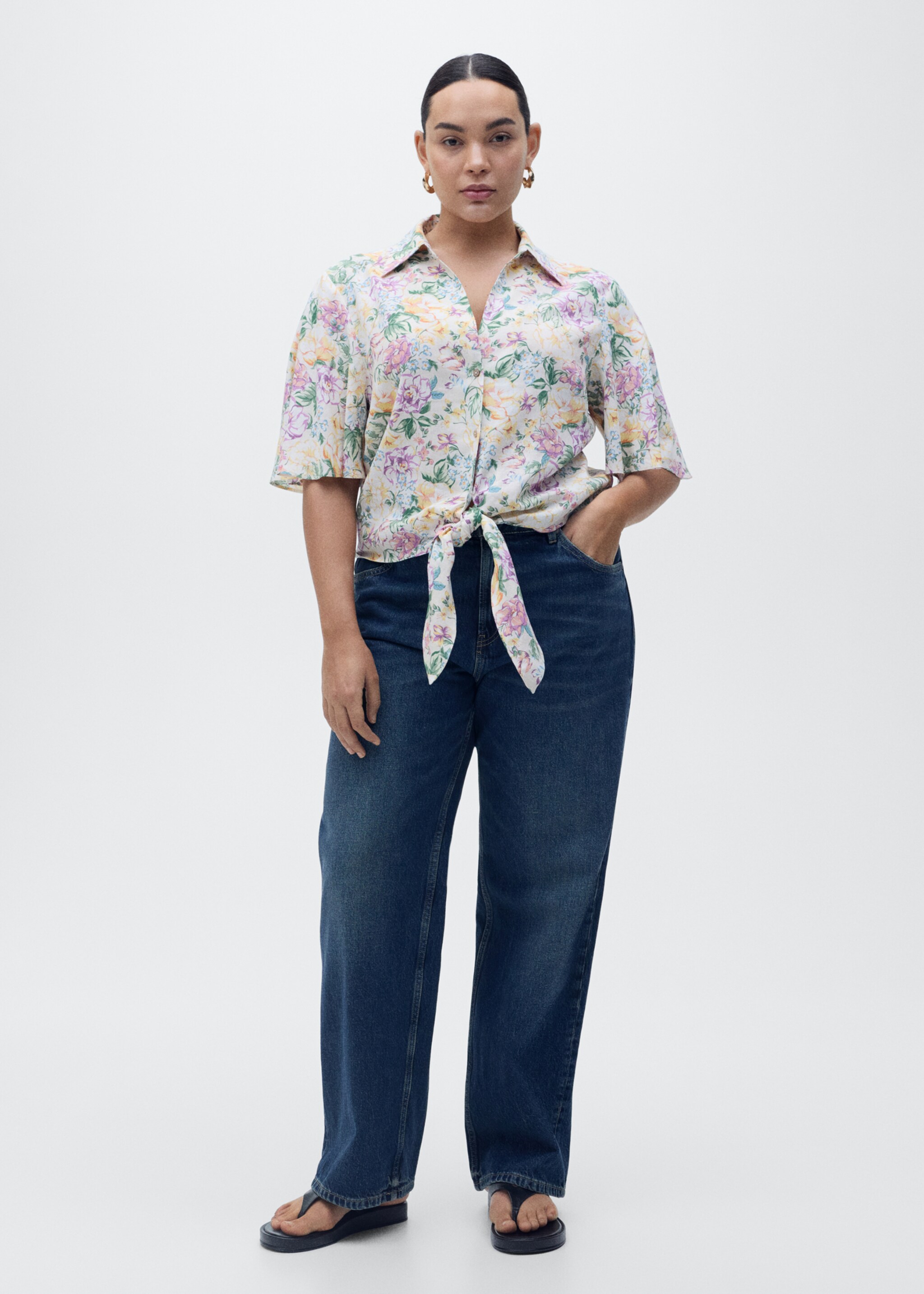 Floral linen shirt with knot detail - Details of the article 3