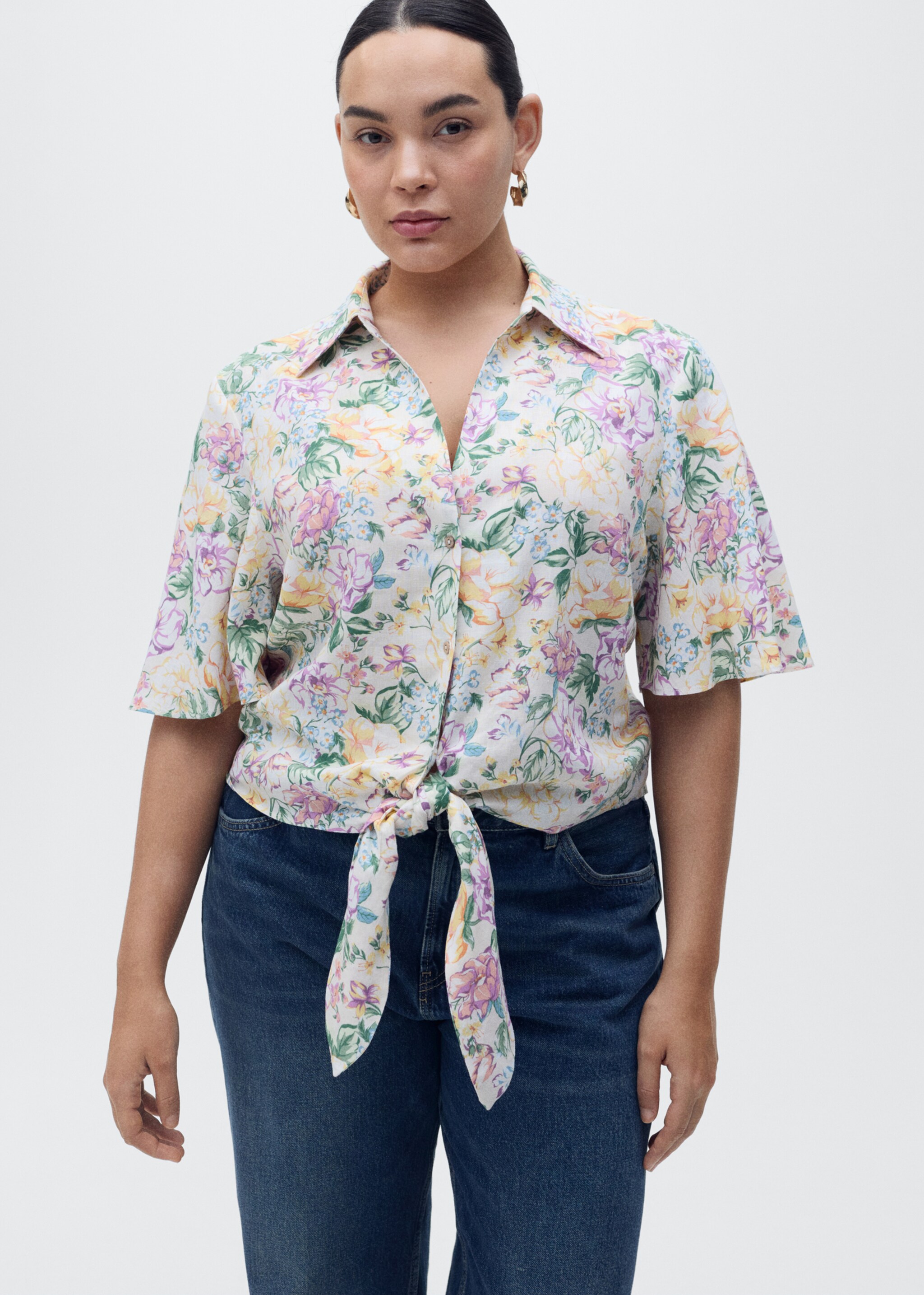 Floral linen shirt with knot detail - Details of the article 5