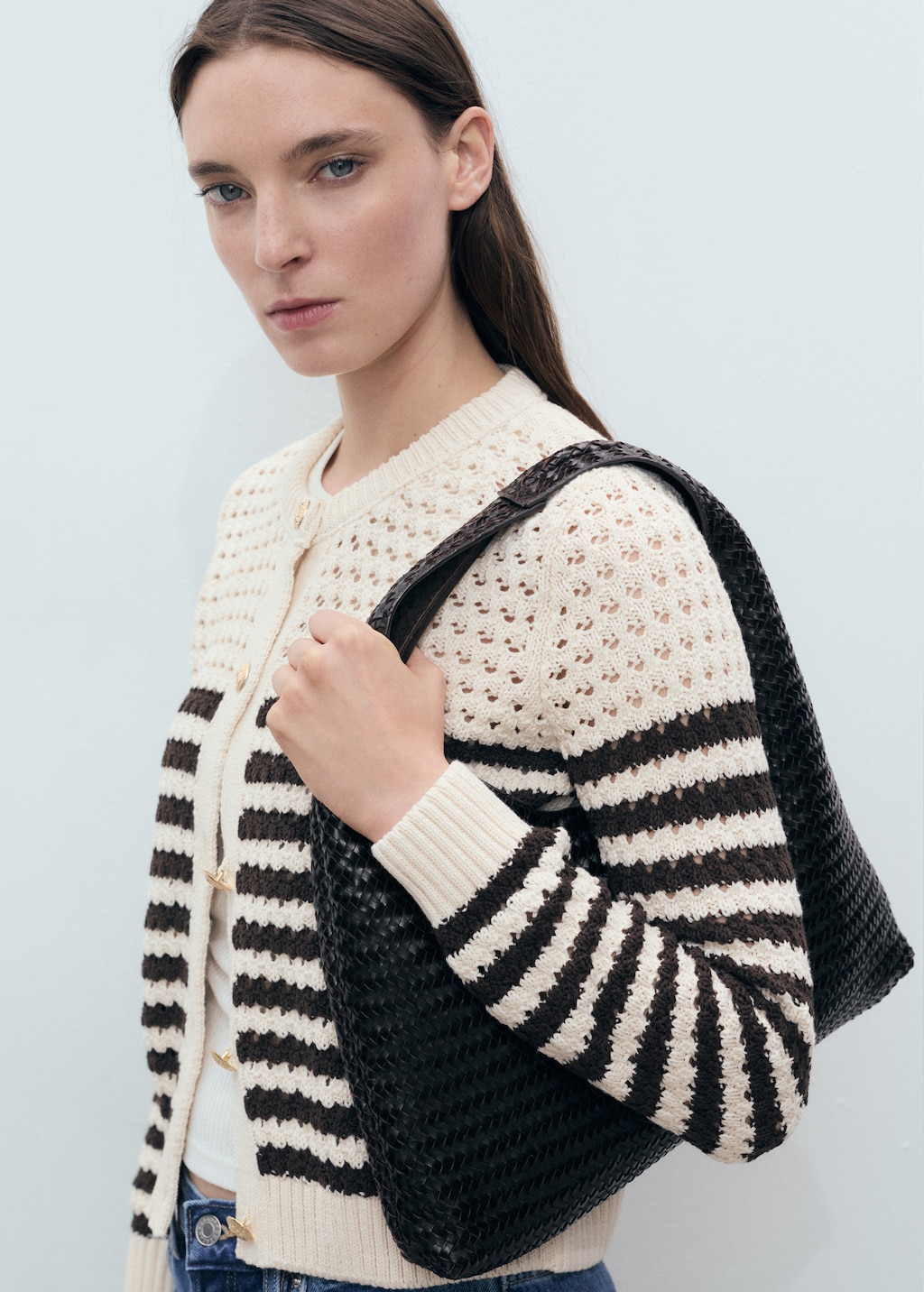 Striped knitted cardigan with lace pattern