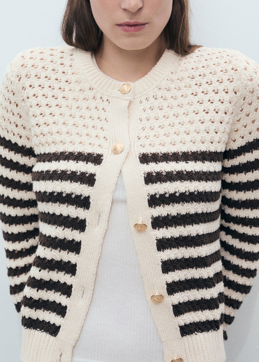 Striped knitted cardigan with lace pattern