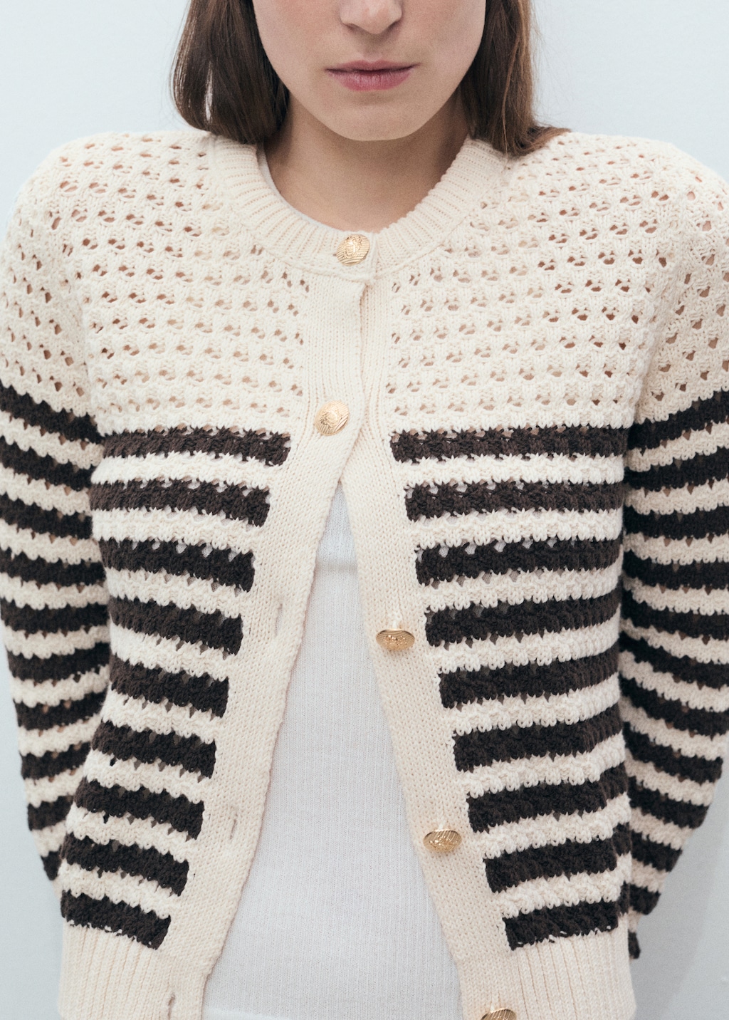 Striped knitted cardigan with lace pattern