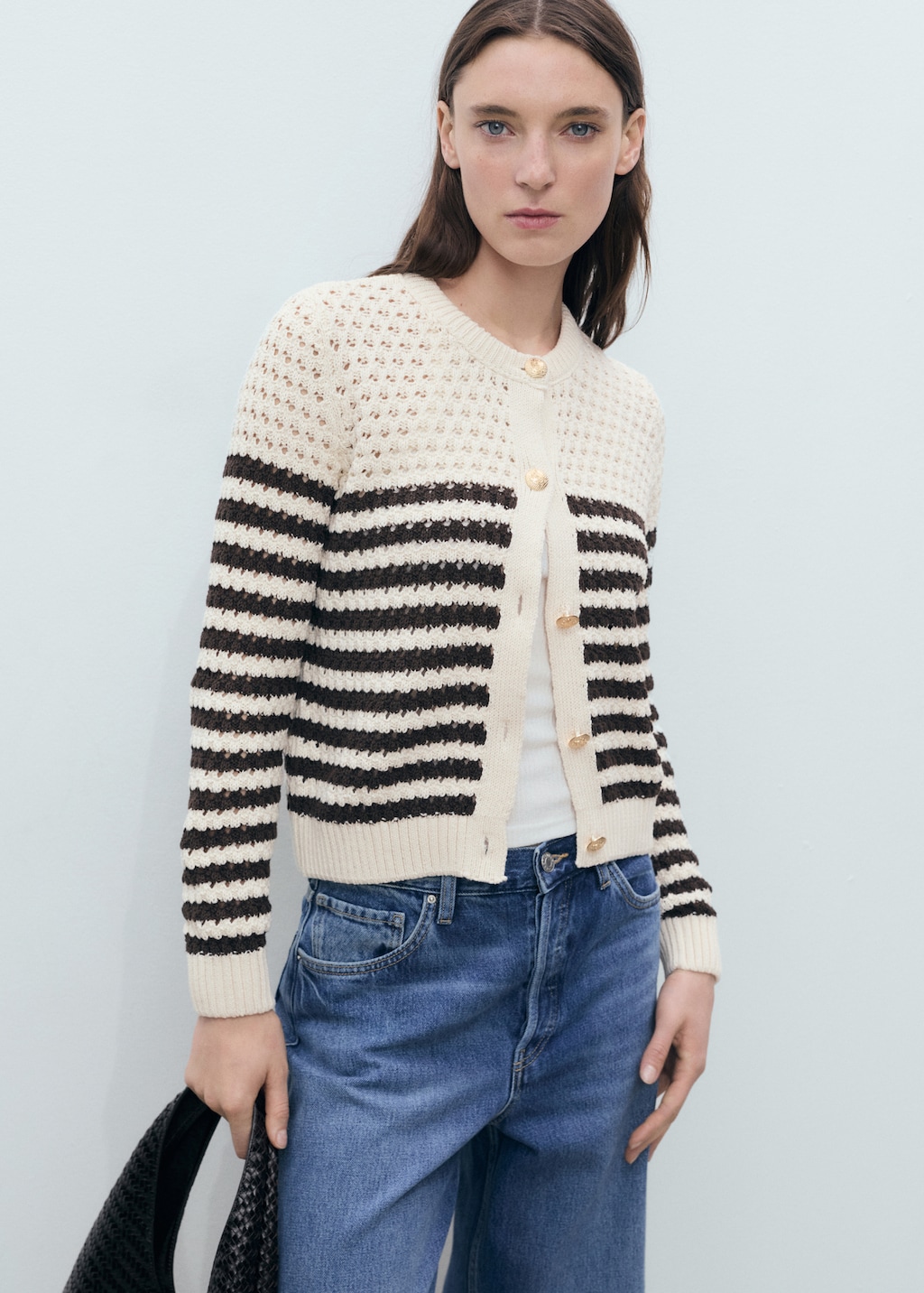 Striped knitted cardigan with lace pattern