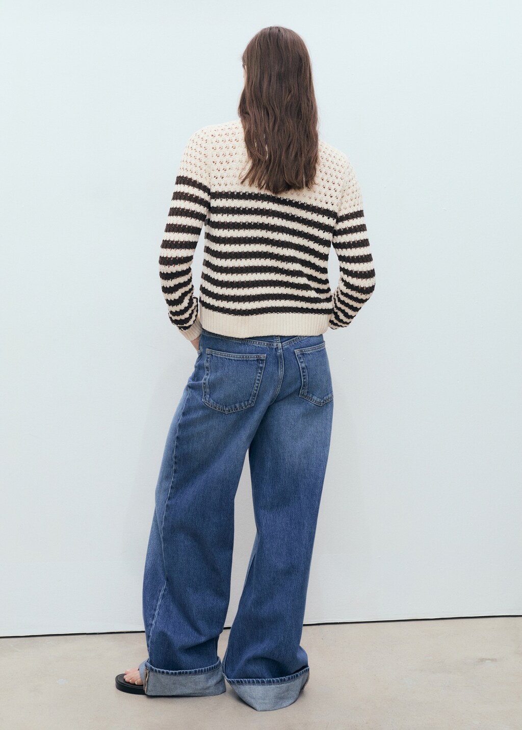 Striped knitted cardigan with lace pattern