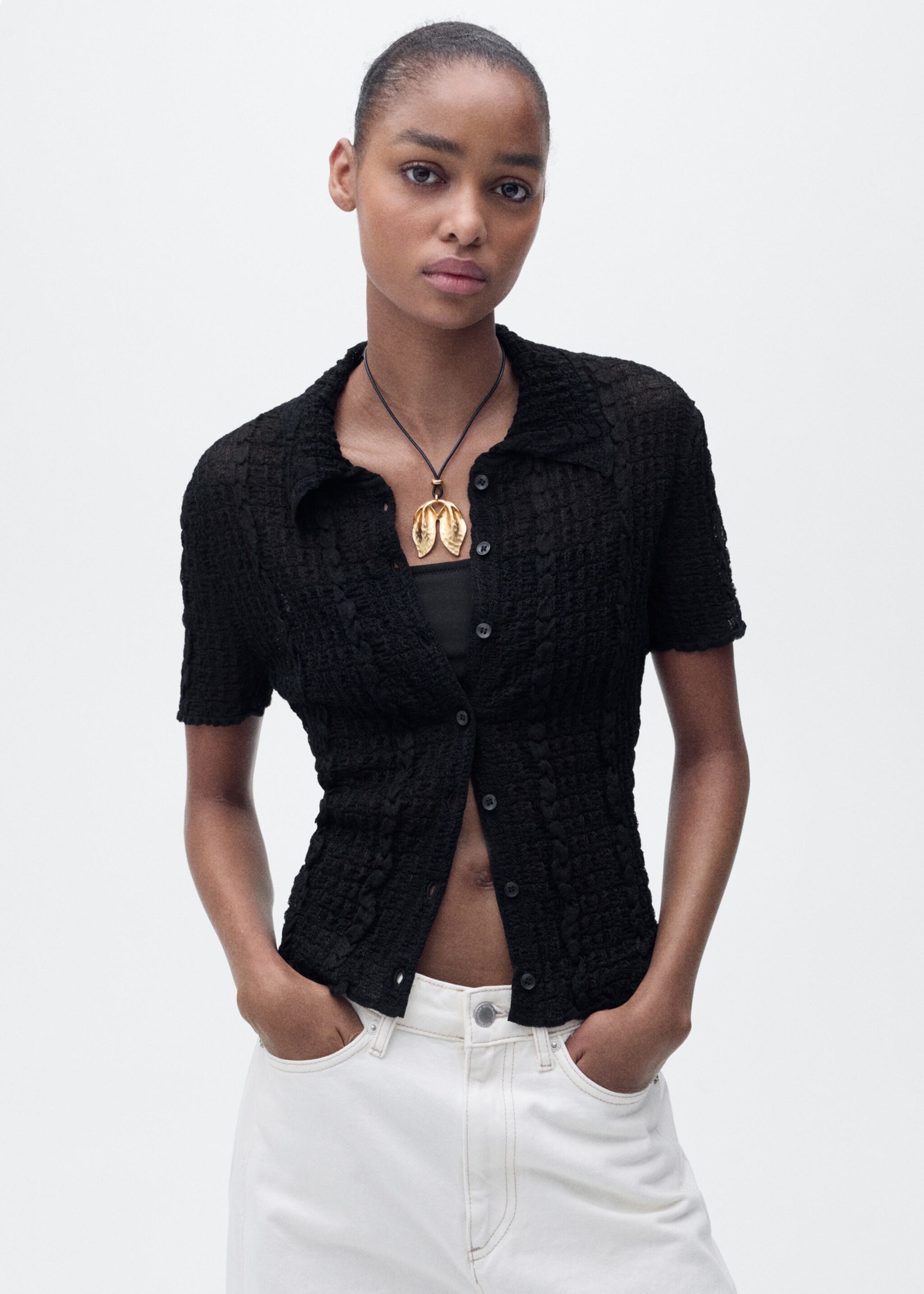 Textured polo-neck cardigan - Medium plane