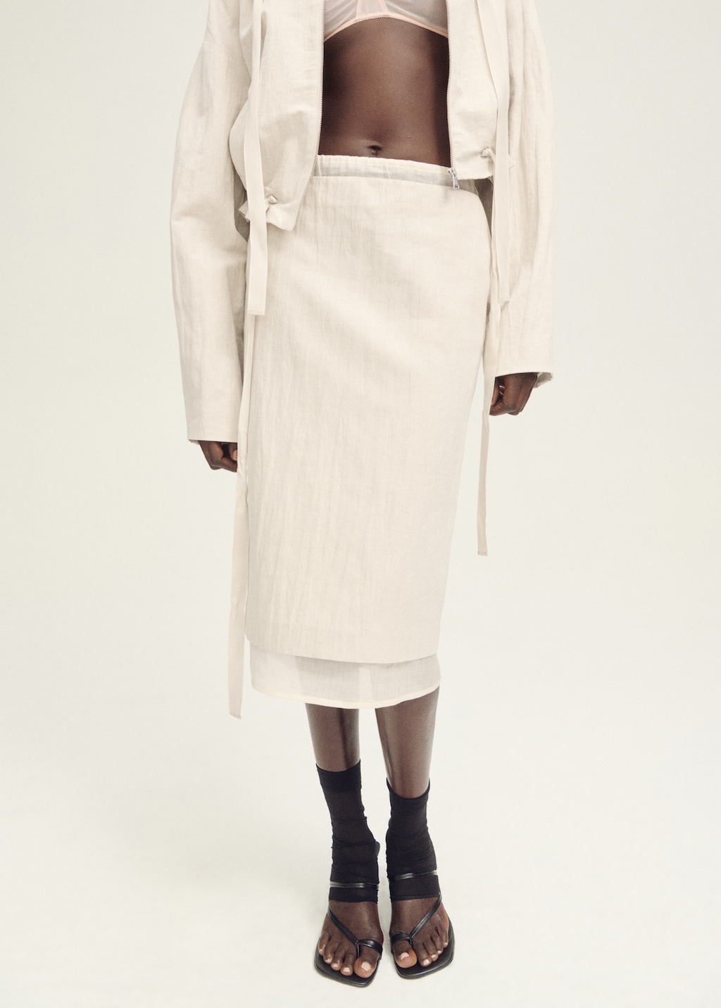 Combined linen-blend midi-skirt