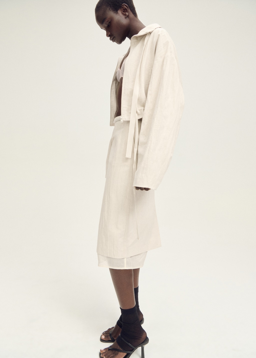 Combined linen-blend midi-skirt