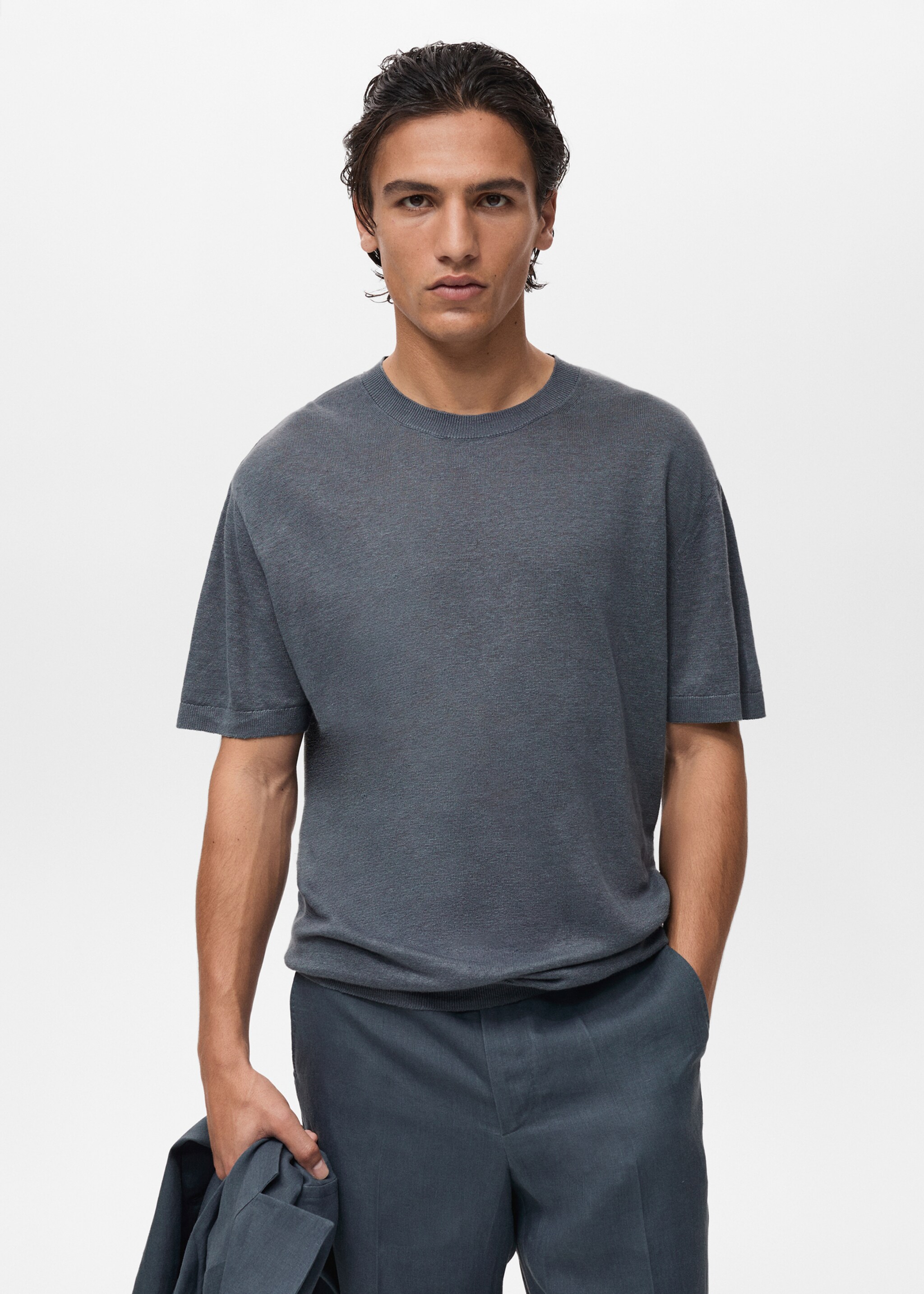 100% linen t-shirt with ribbed finishes - Medium plane