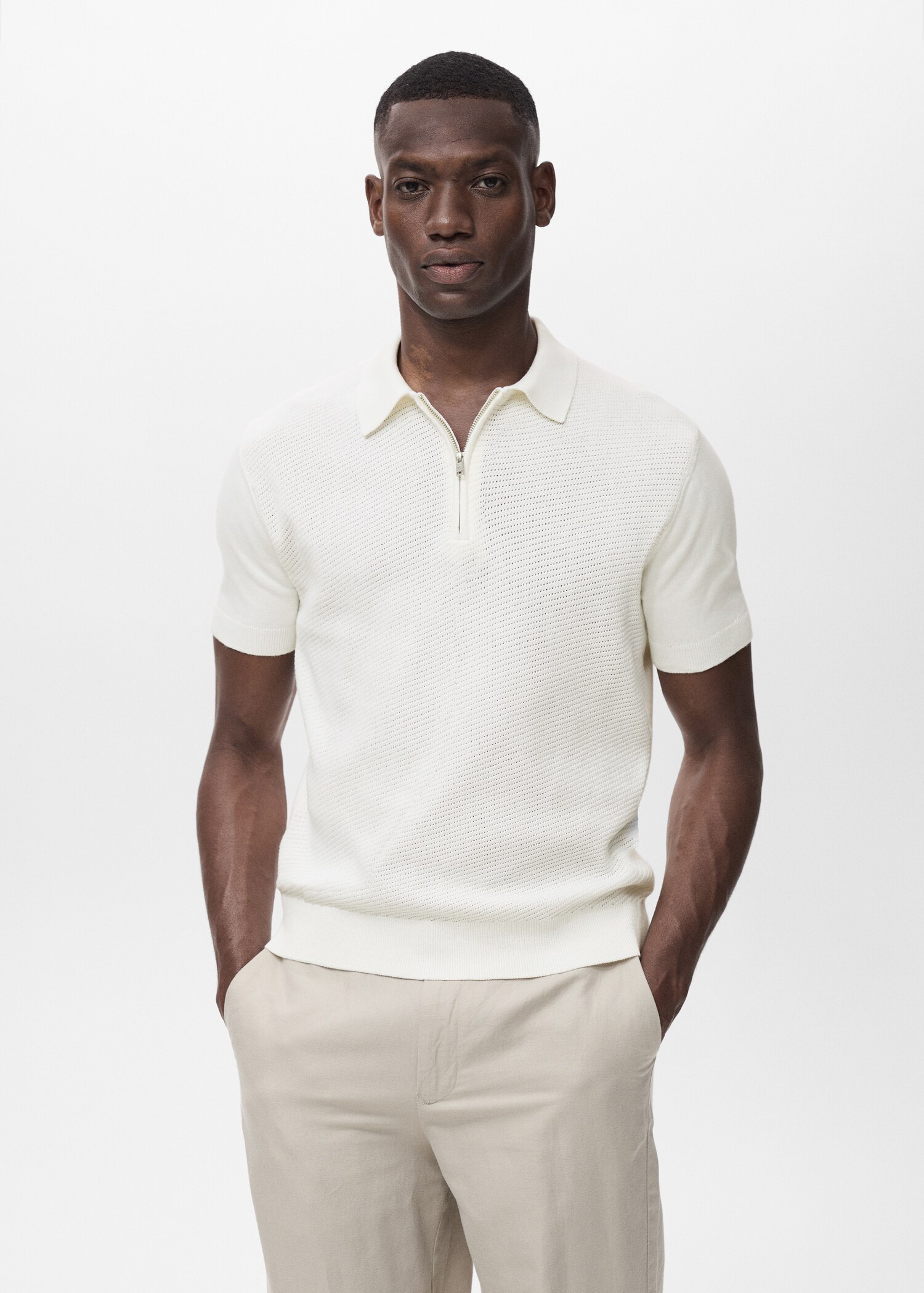 Openwork knitted polo shirt with zipper - Medium plane
