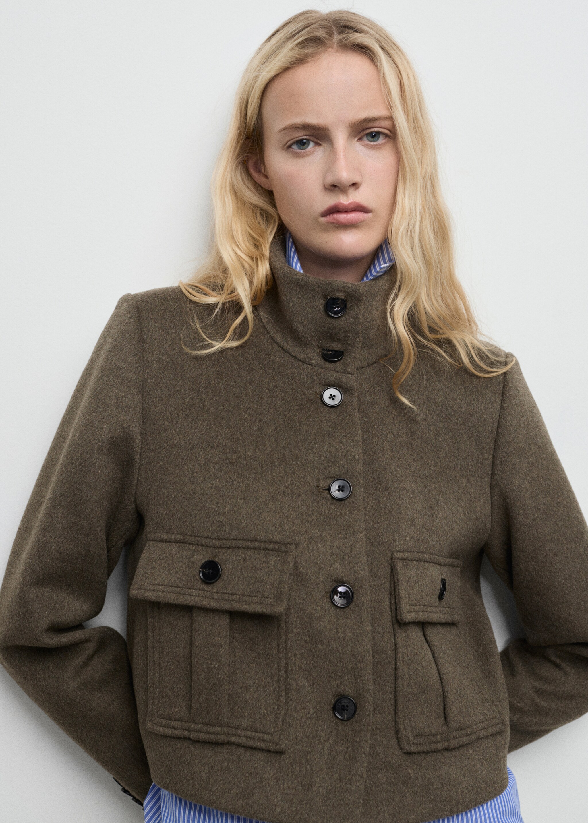 Wool-blend jacket with pockets - Medium plane, Khaki. Ref: 87040430-00.