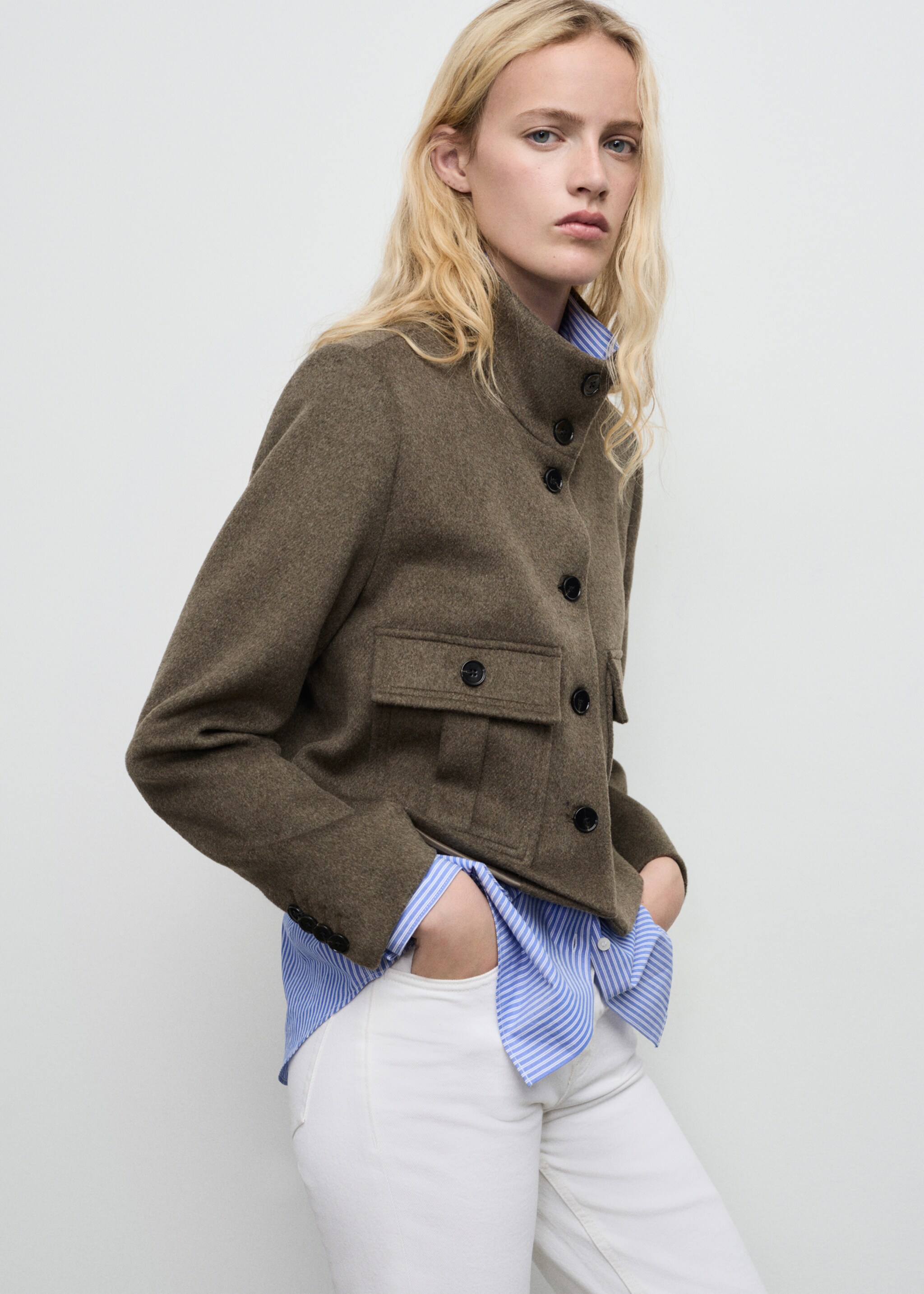 Wool-blend jacket with pockets - Details of the article 2, Khaki. Ref: 87040430-00.