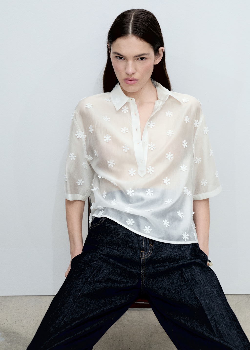 Semi-transparent lyocell shirt with flowers - Women | MANGO USA
