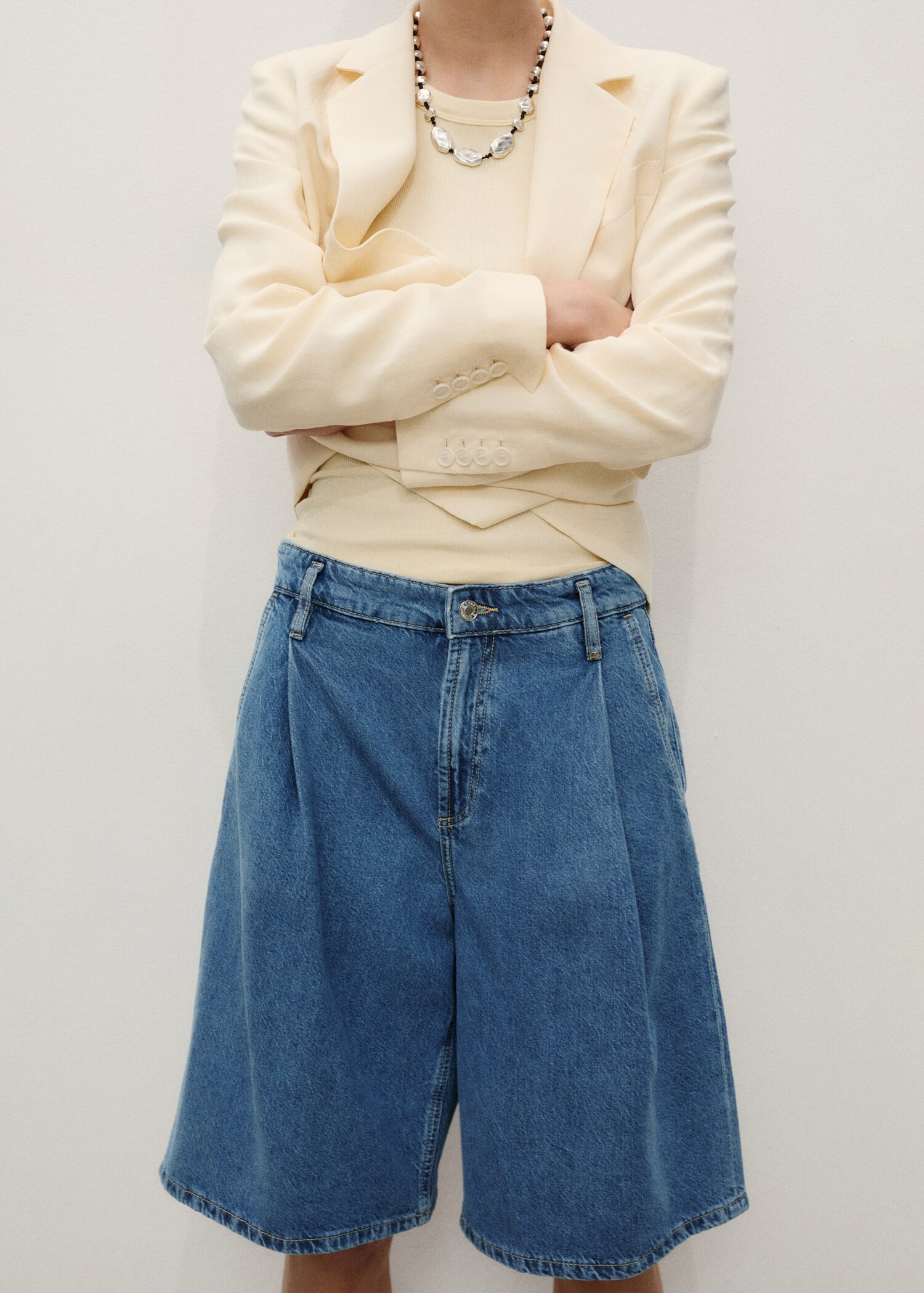 Wideleg denim jorts with pleats - Medium plane