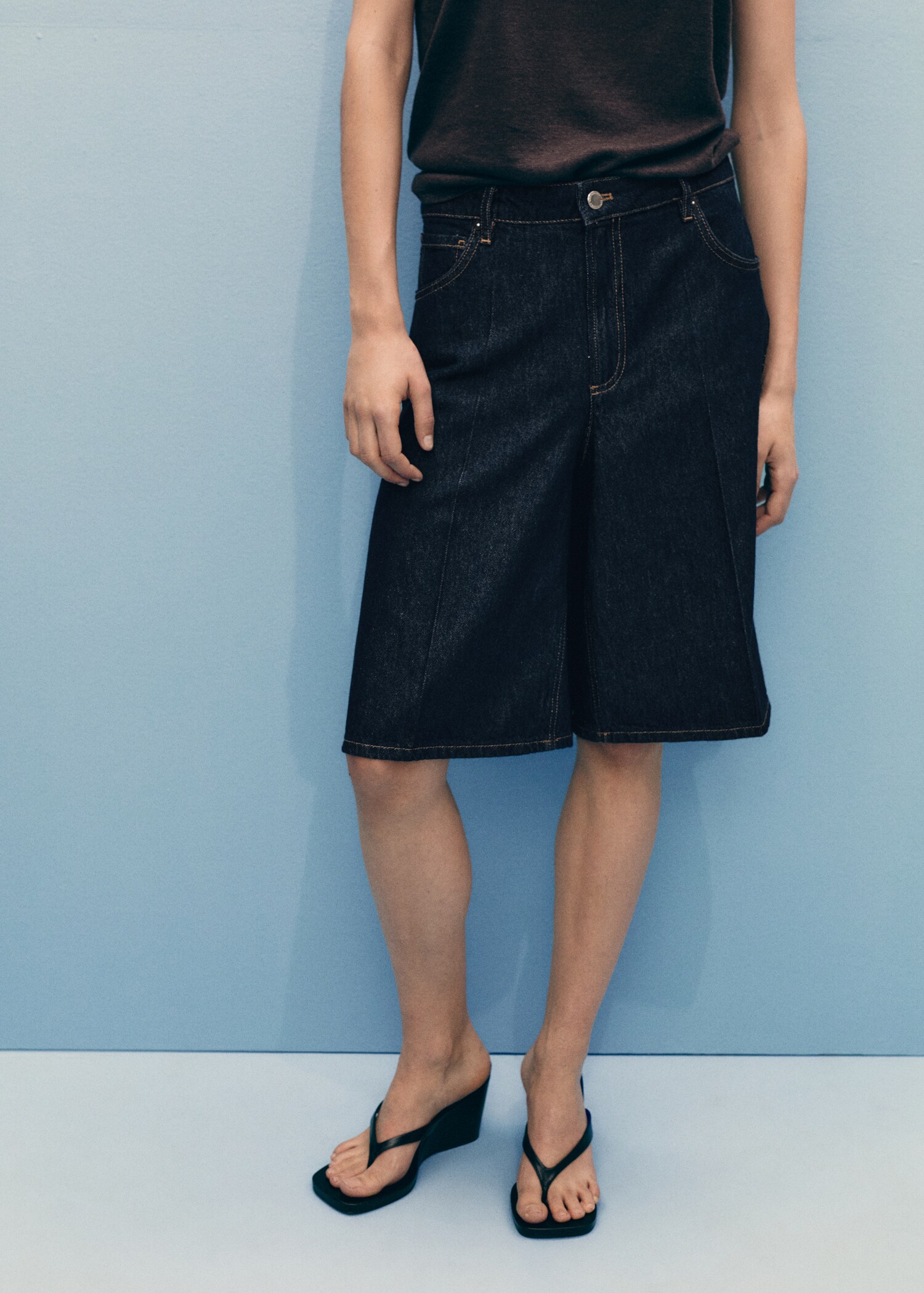 Short en jean droit taille haute rinse wash - Plan moyen