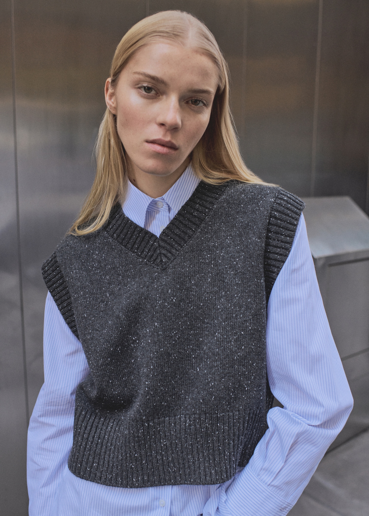 Suéter Outfit Con Chaleco De Punto Mujer Chaleco Gris Chaleco