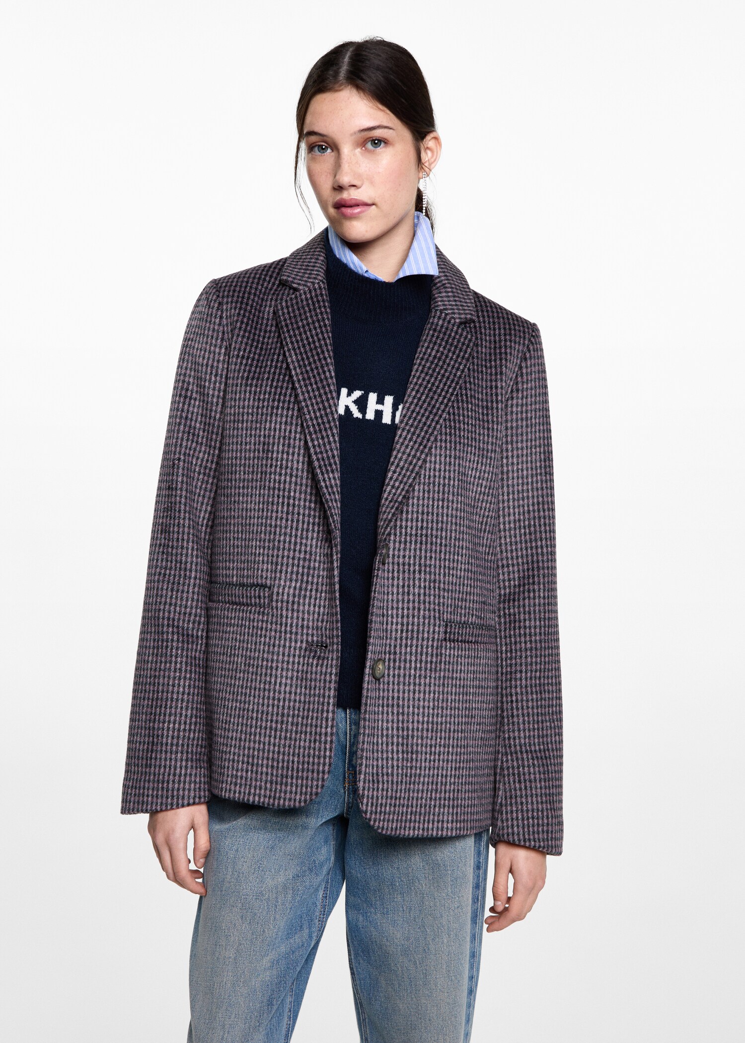 Kazayağı desenli klapalı blazer ceket - Orta plan