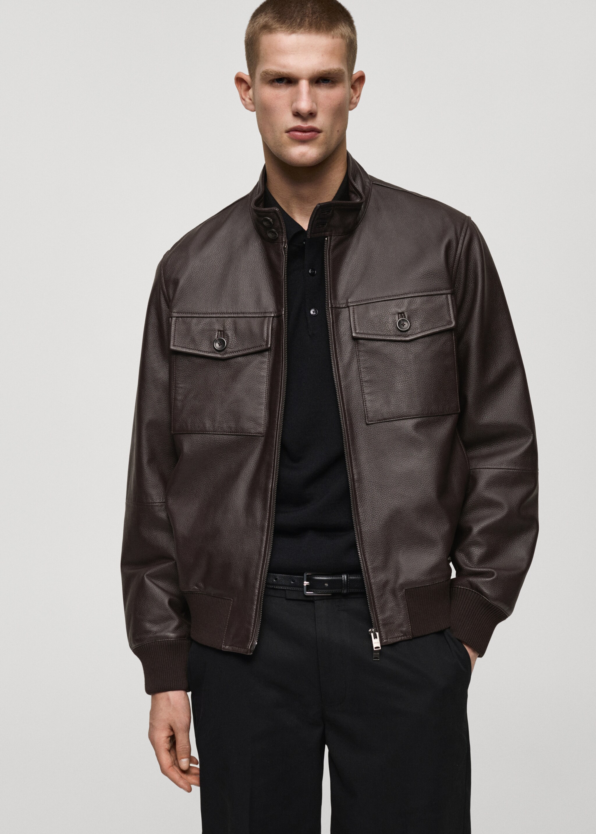 Blouson biker cuir poches - Plan moyen
