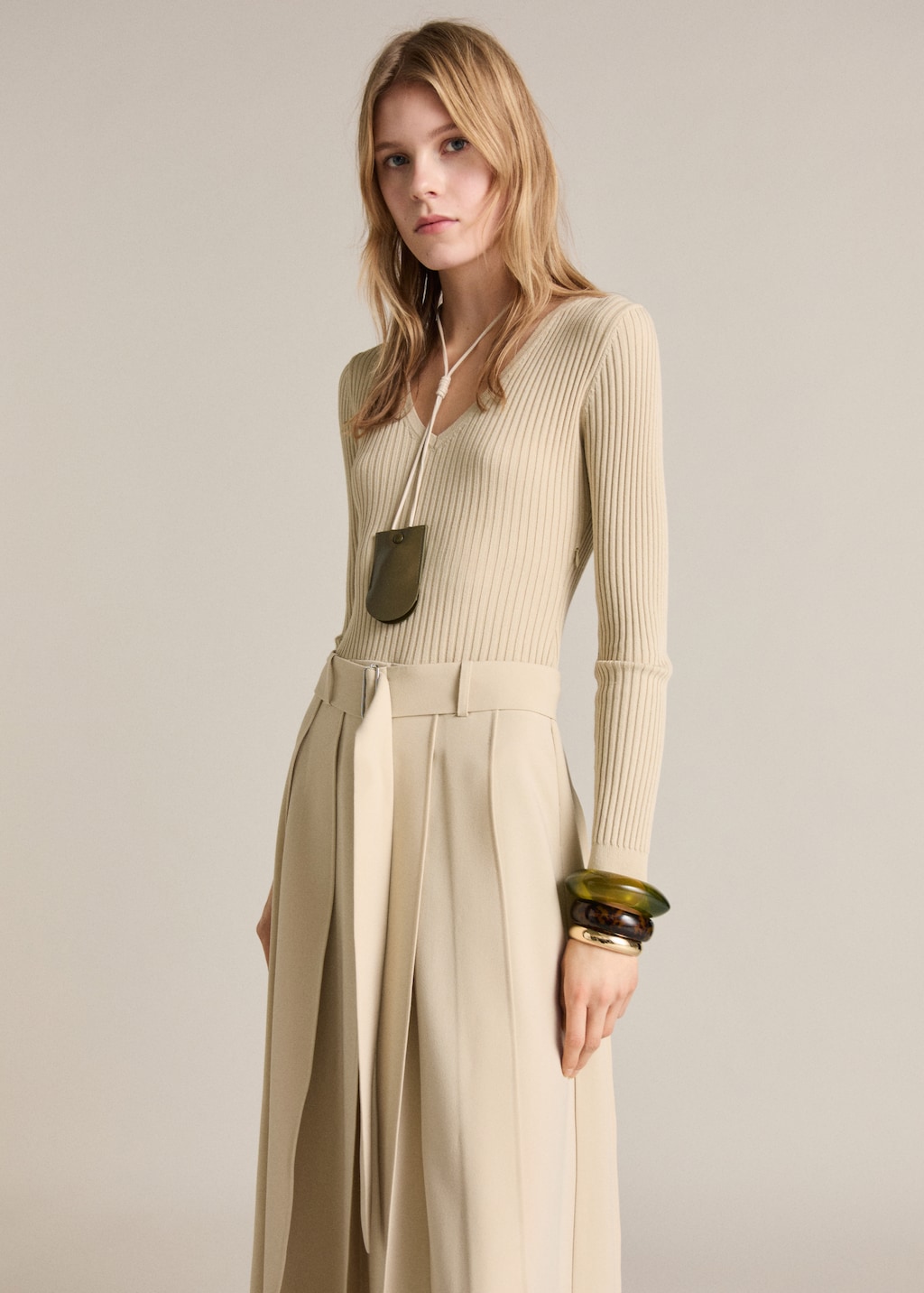 Thumbnail of Combined woven dress with belt - Ecru
