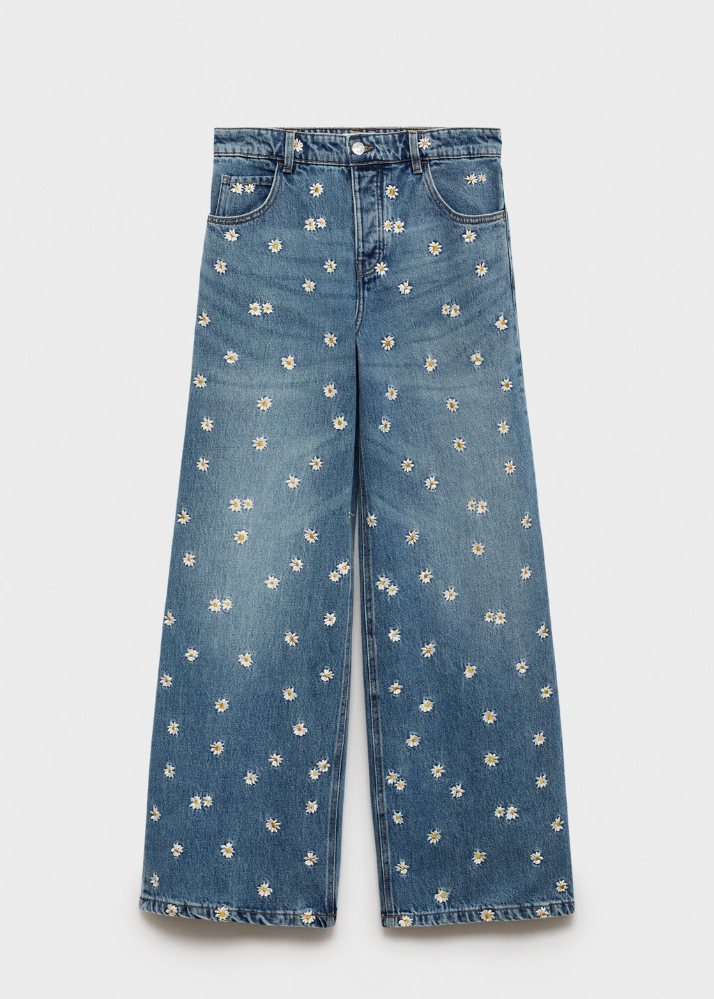 Flower-embroidered wide leg jeans - Women | MANGO Japan