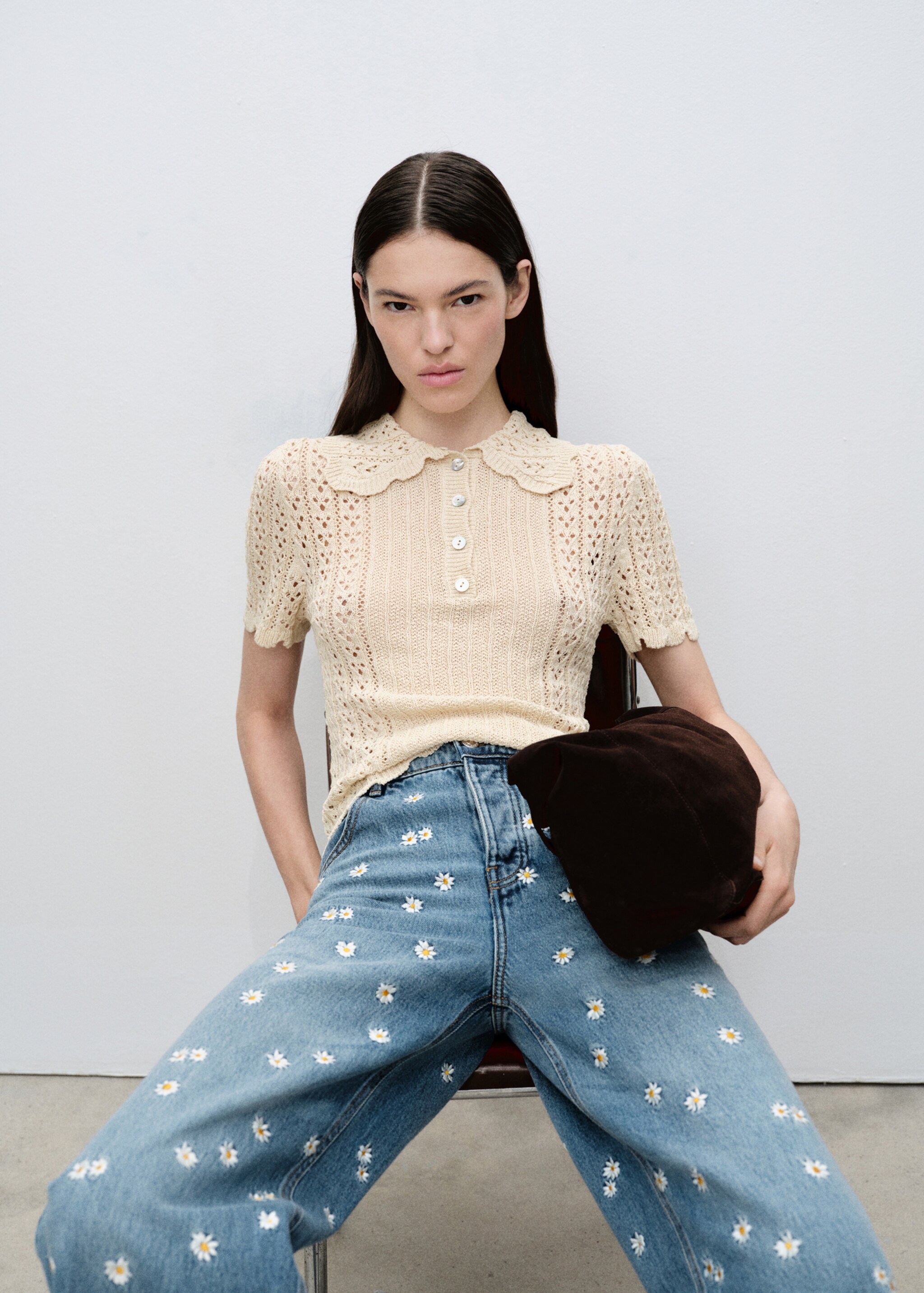 Flower-embroidered wide-leg jeans - Details of the article 2