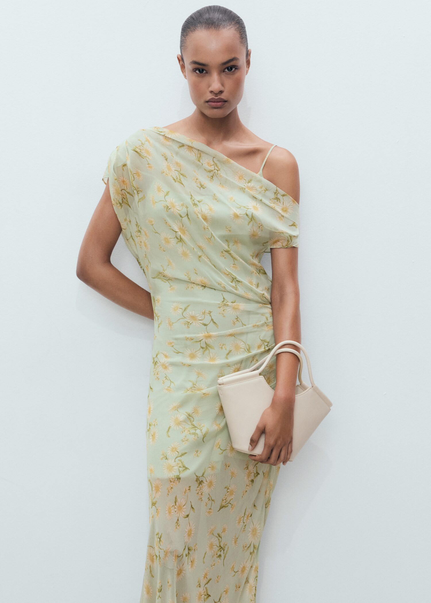 Semi-transparent floral-print draped dress - Medium plane