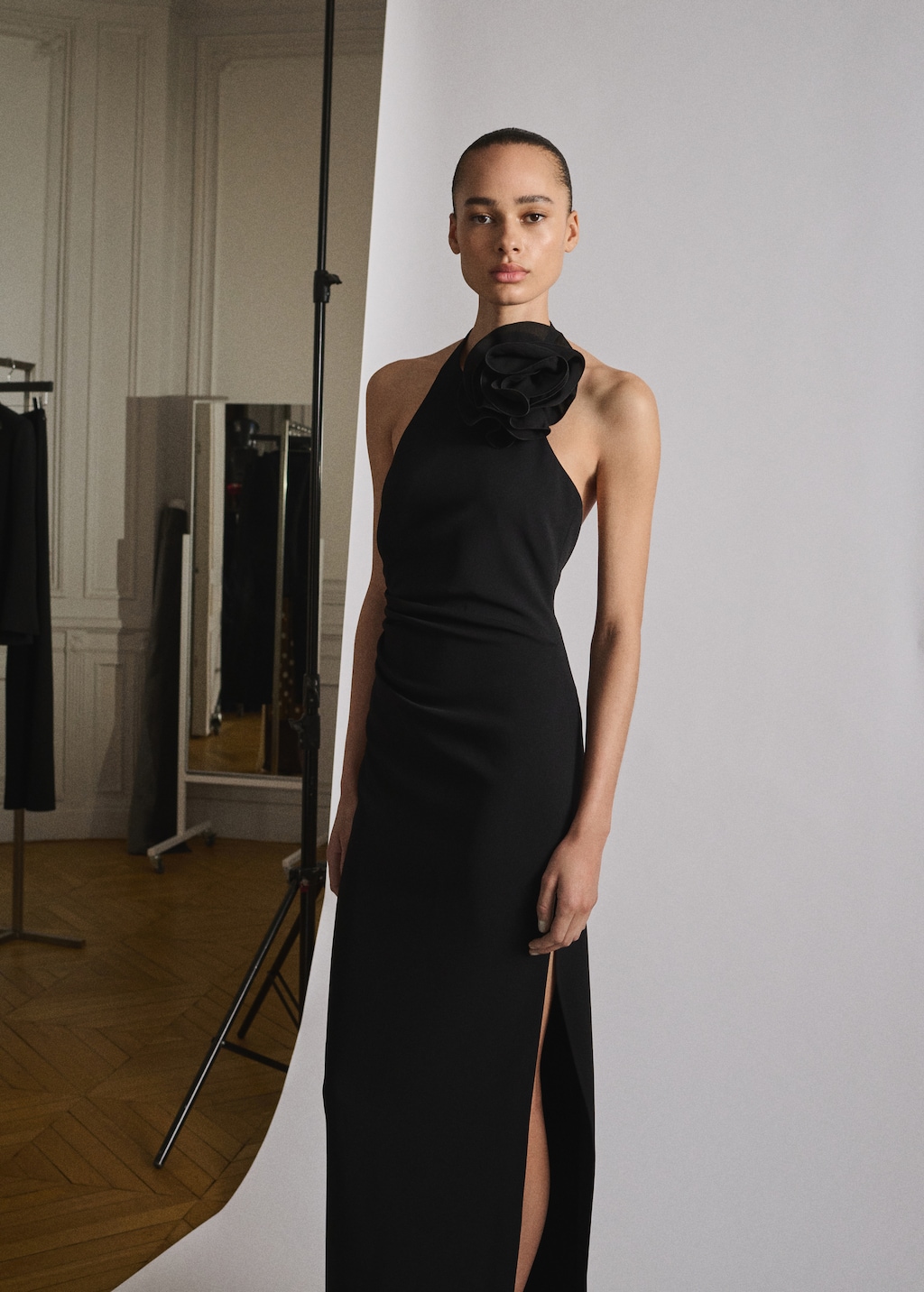 Draped halter-neck dress with flower motif