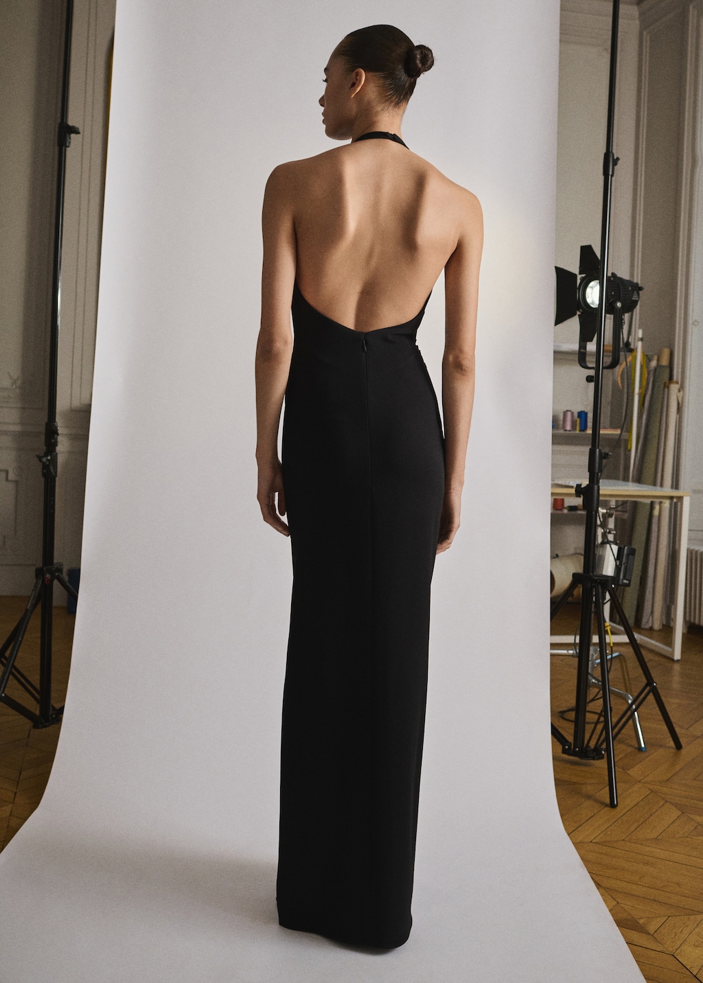 Draped halter-neck dress with flower motif