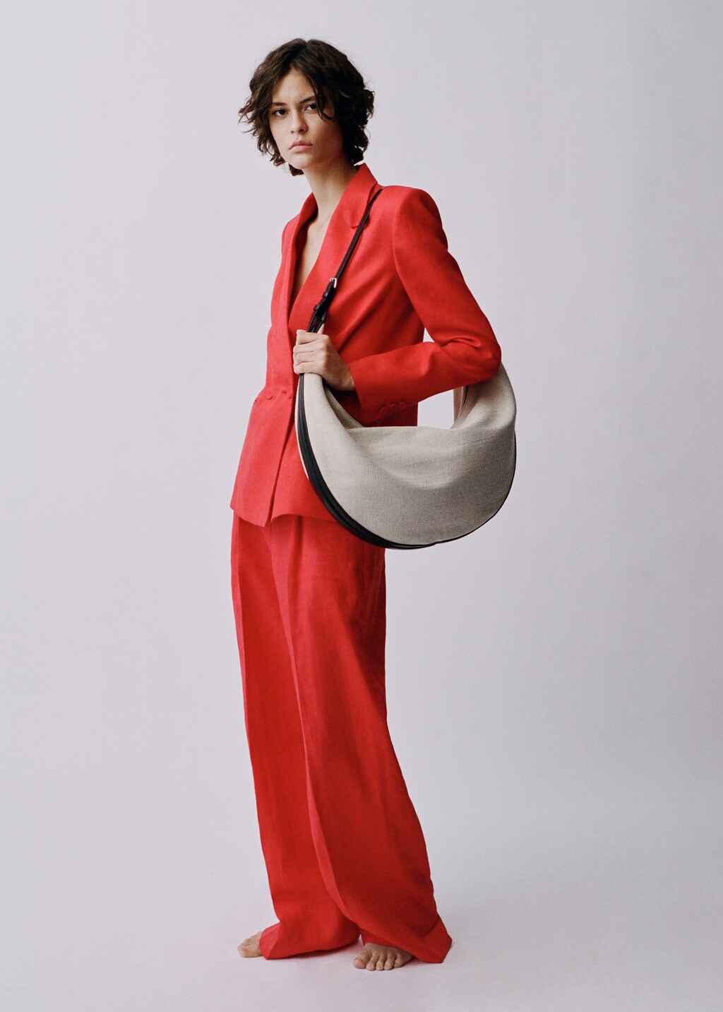 Double-breasted linen suit blazer