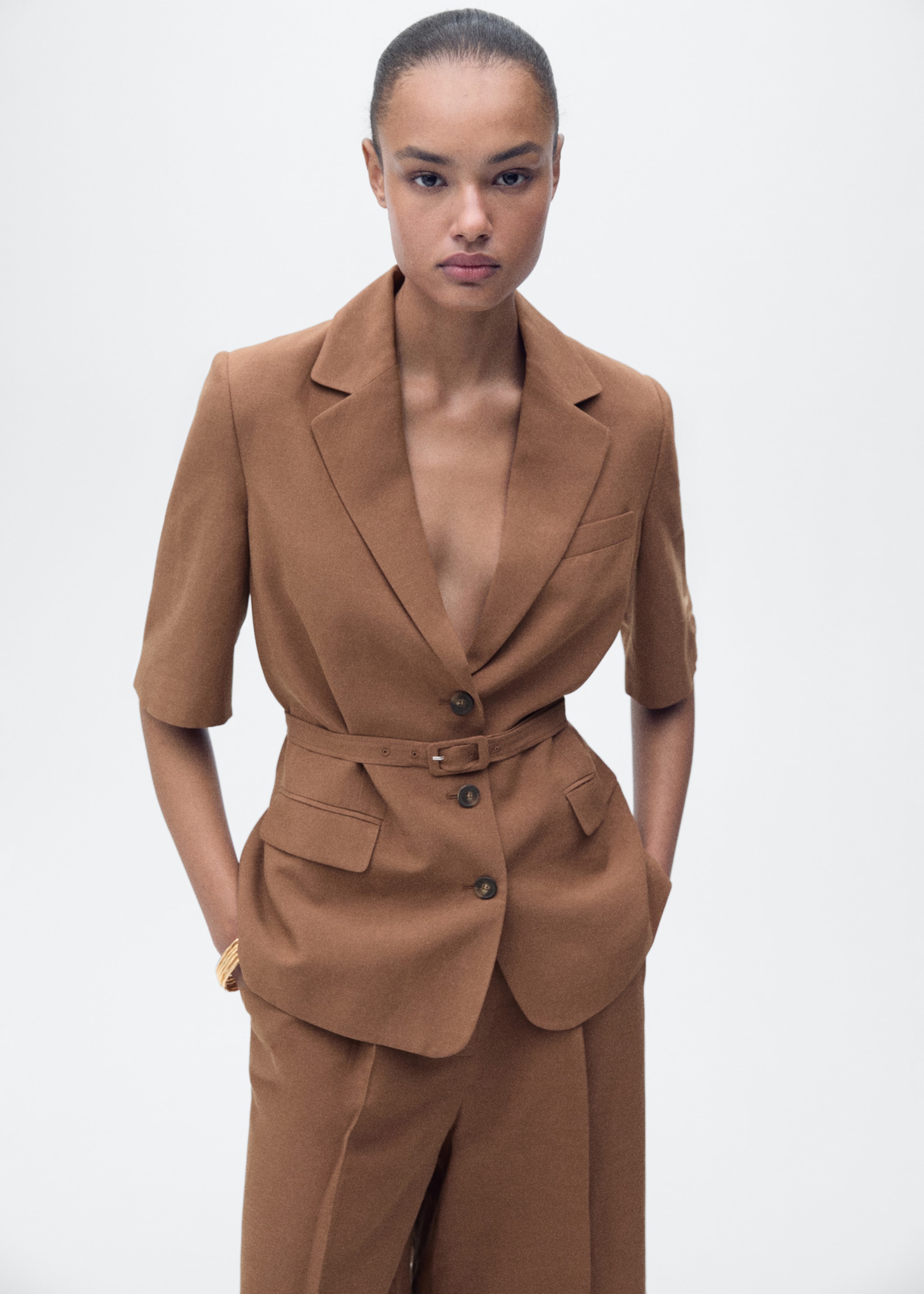 Linen-blend suit jacket with belt - Medium plane