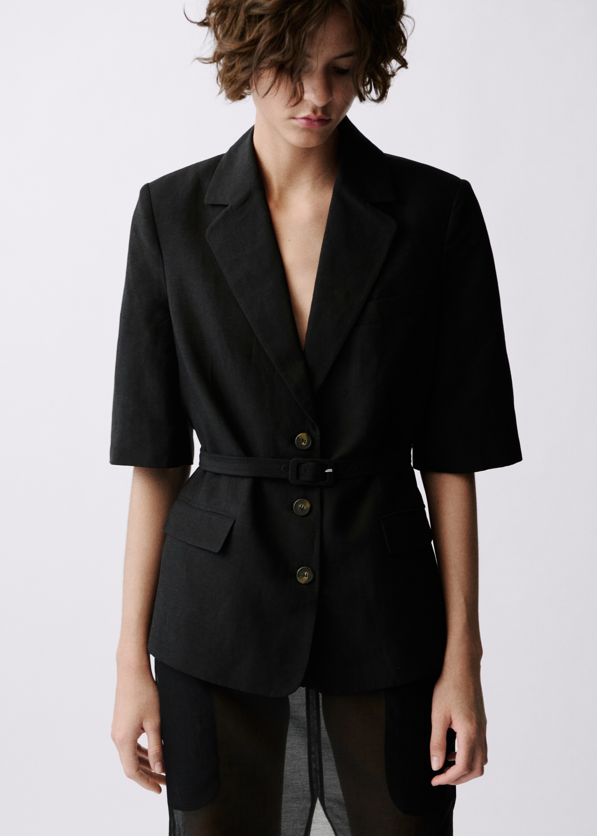 Keten karışımlı kemerli blazer ceket - Orta plan