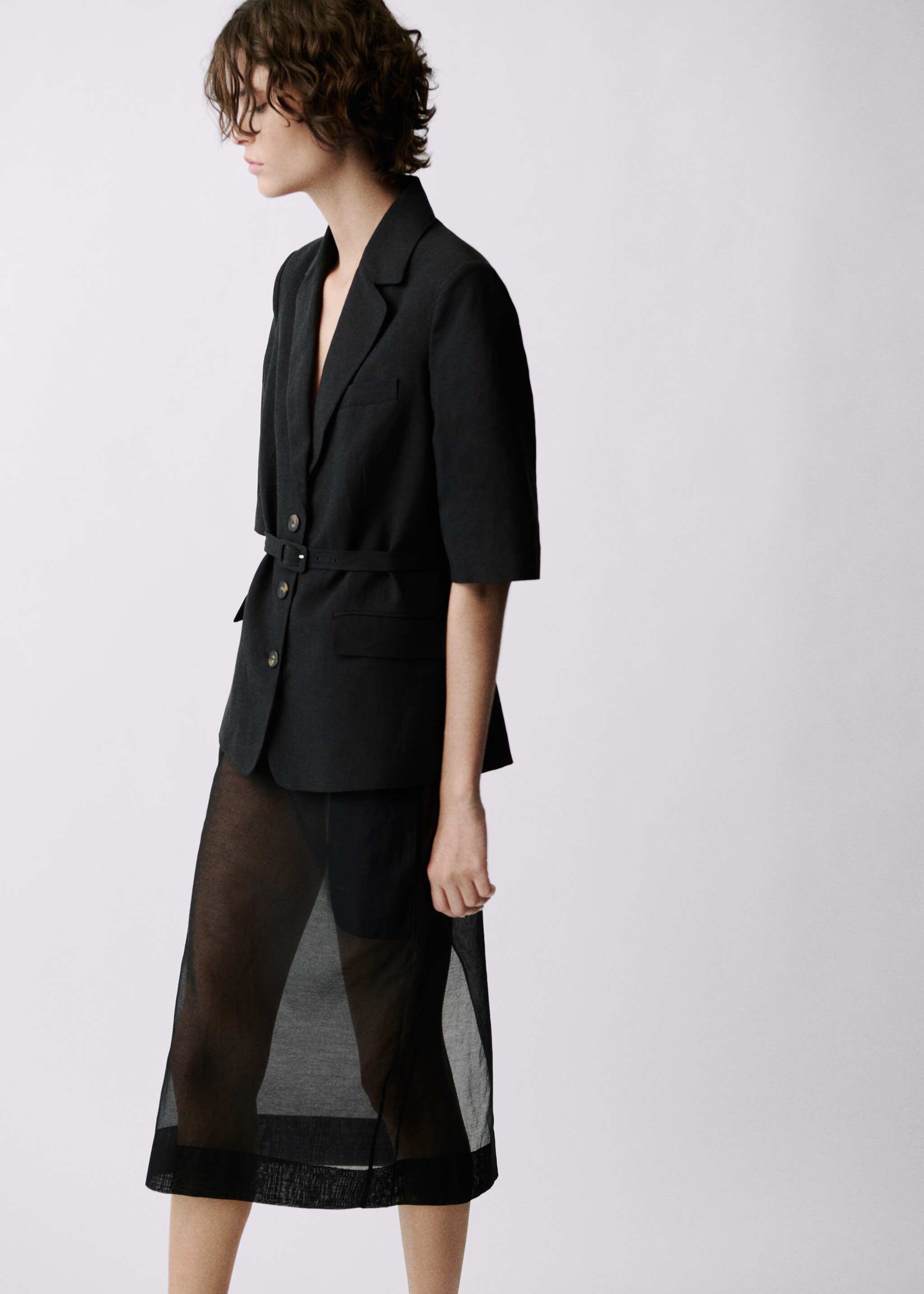 Keten karışımlı kemerli blazer ceket - Ürünün arkası