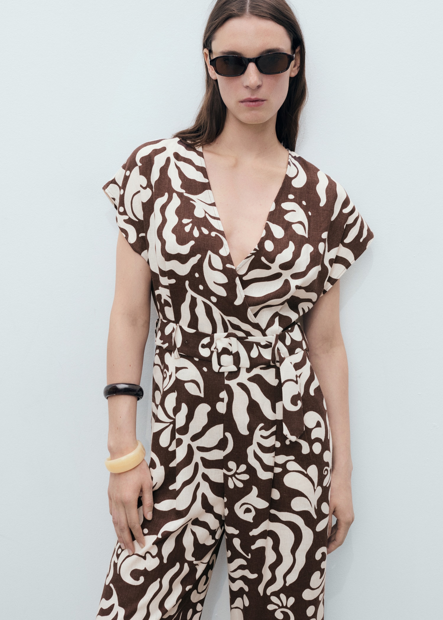 Printed linen jumpsuit with belt - Medium plane
