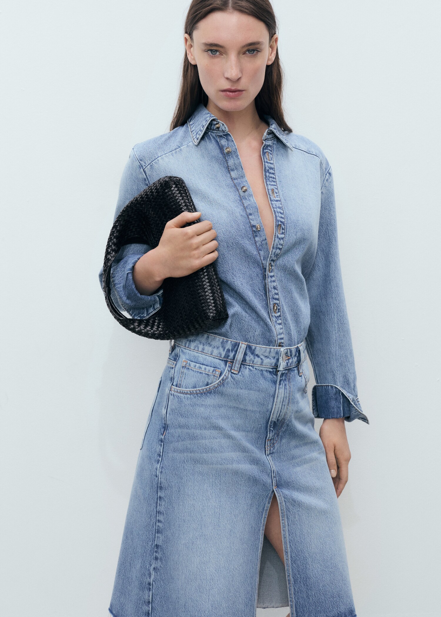 Midi denim etek - Orta plan
