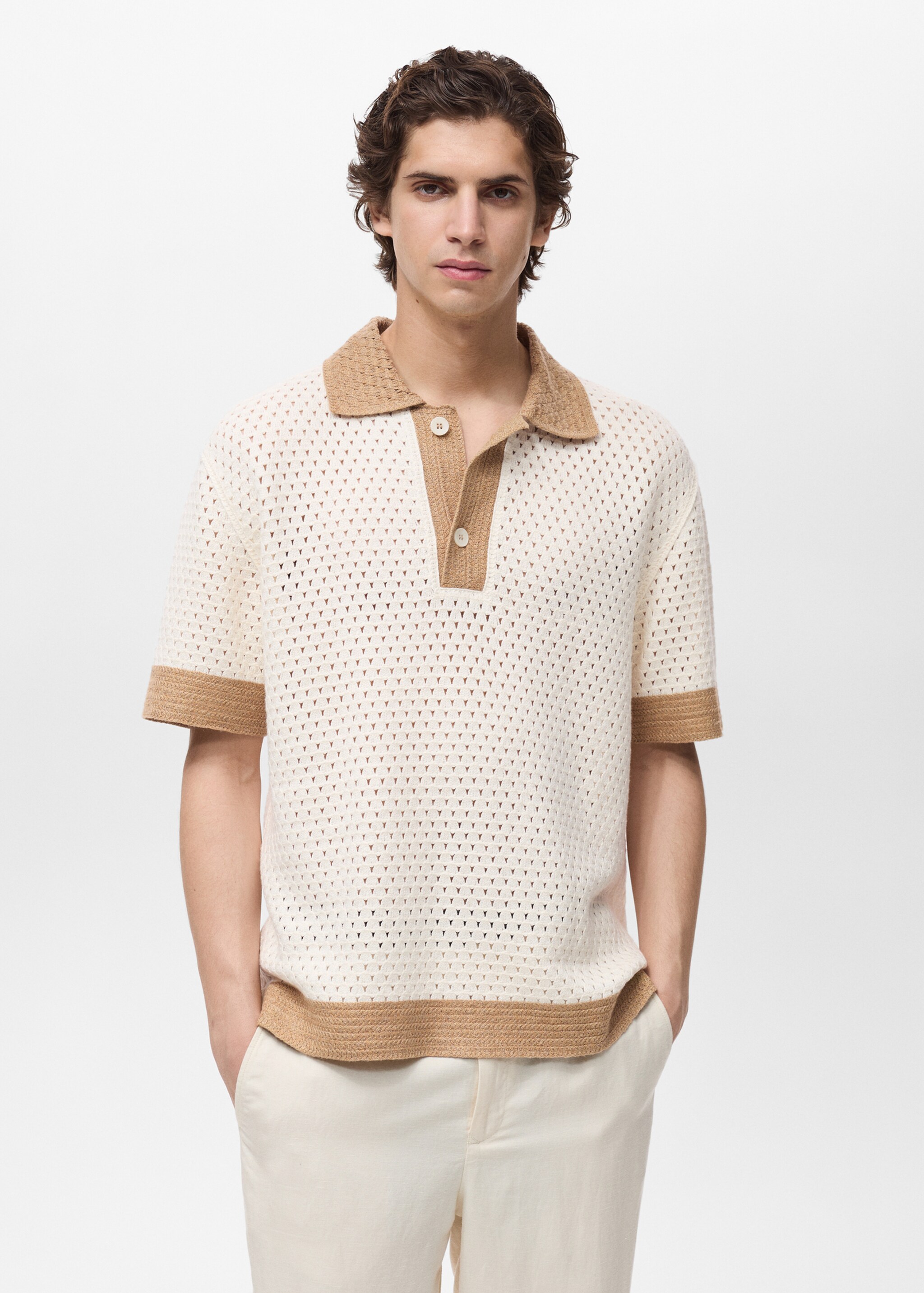 Polo din tricot ajurat în contrast - Plan mediu