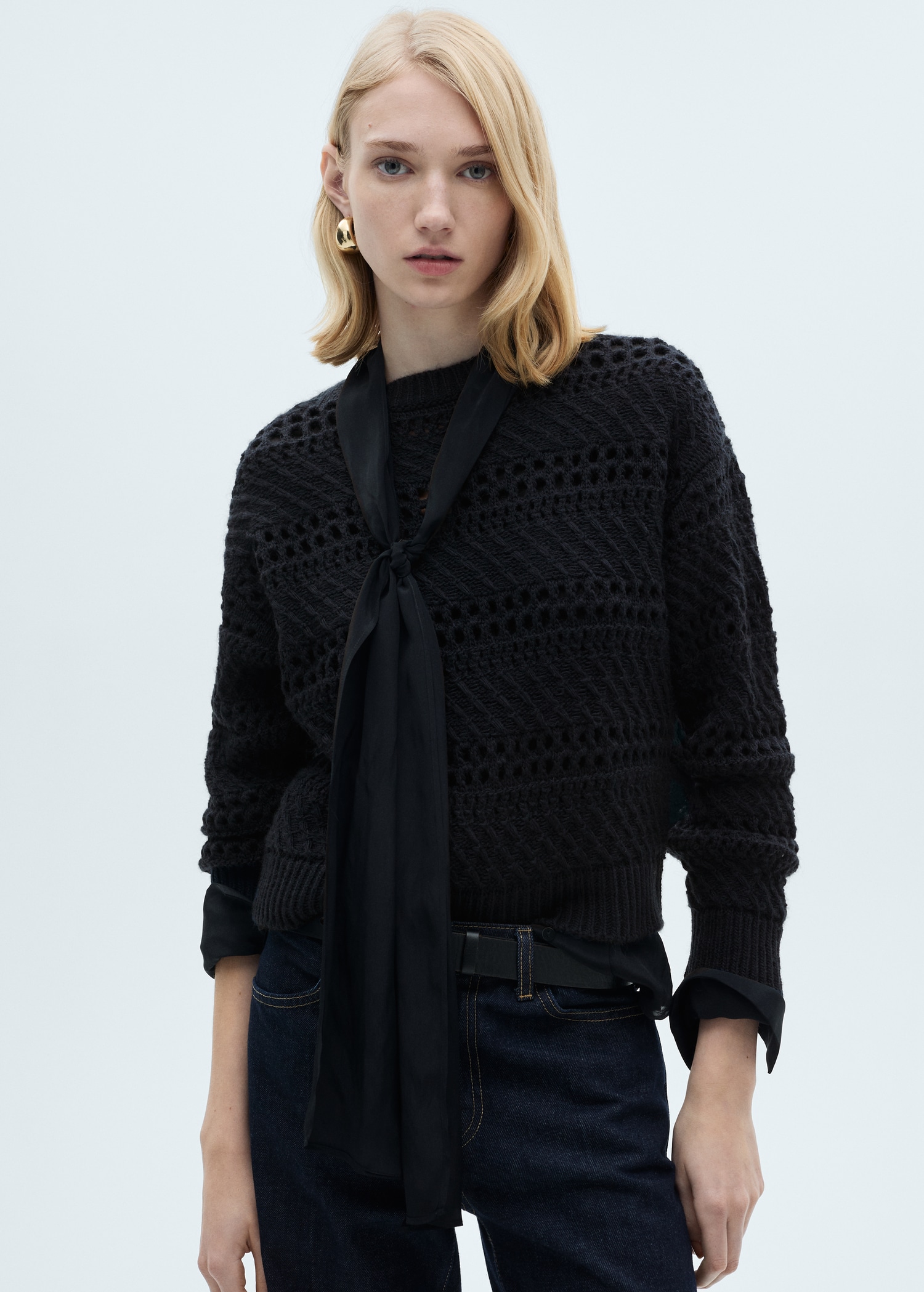 Bandage Openwork Split Round Neck Sweaters Bandage Openwork Split Round Neck Sweaters