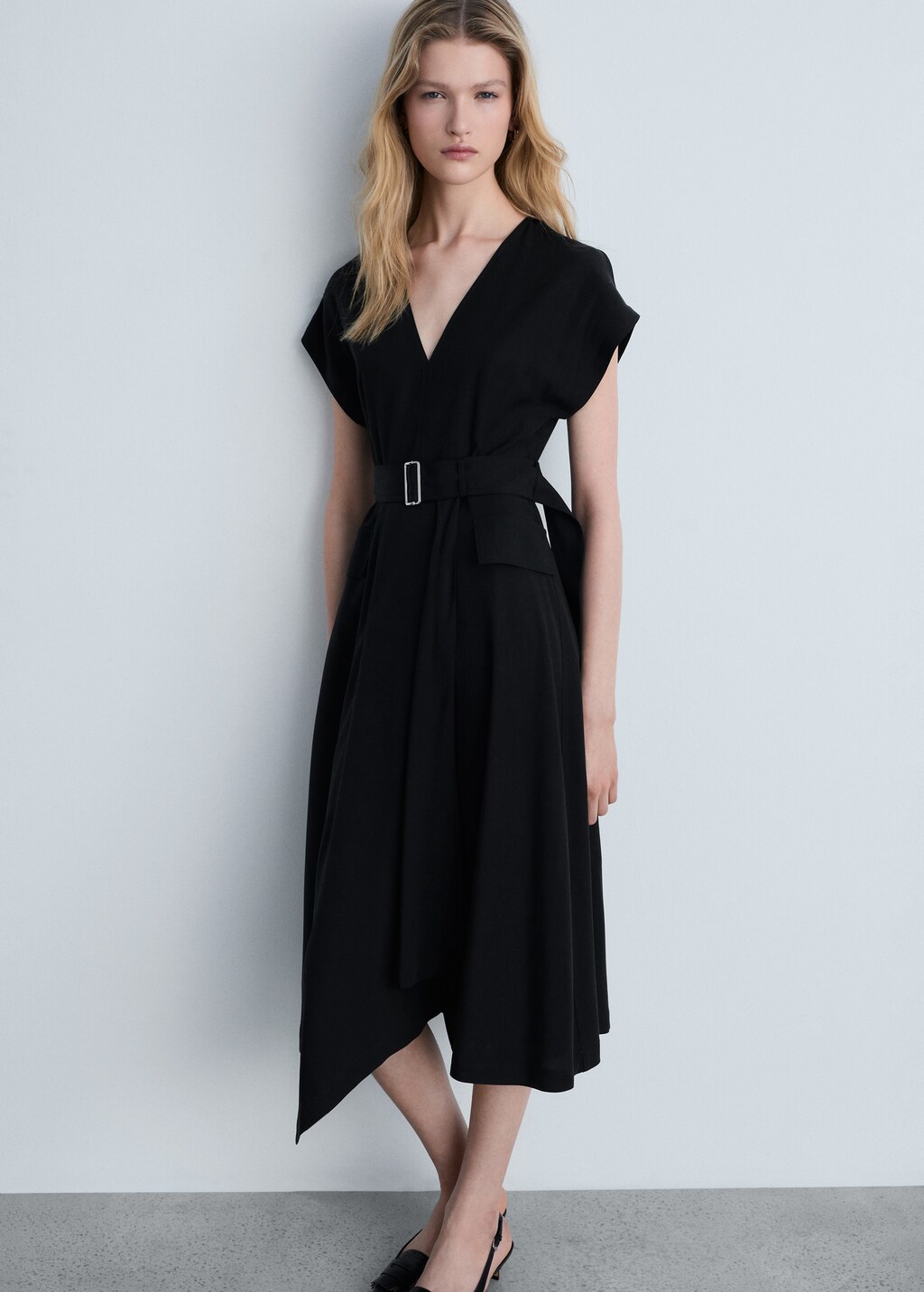 Asymmetrical dress with belt