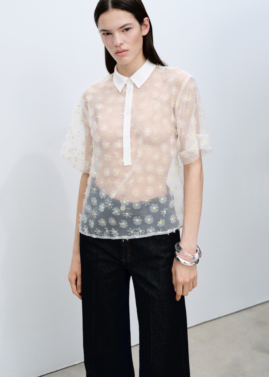 Semi-transparent floral-embroidered shirt