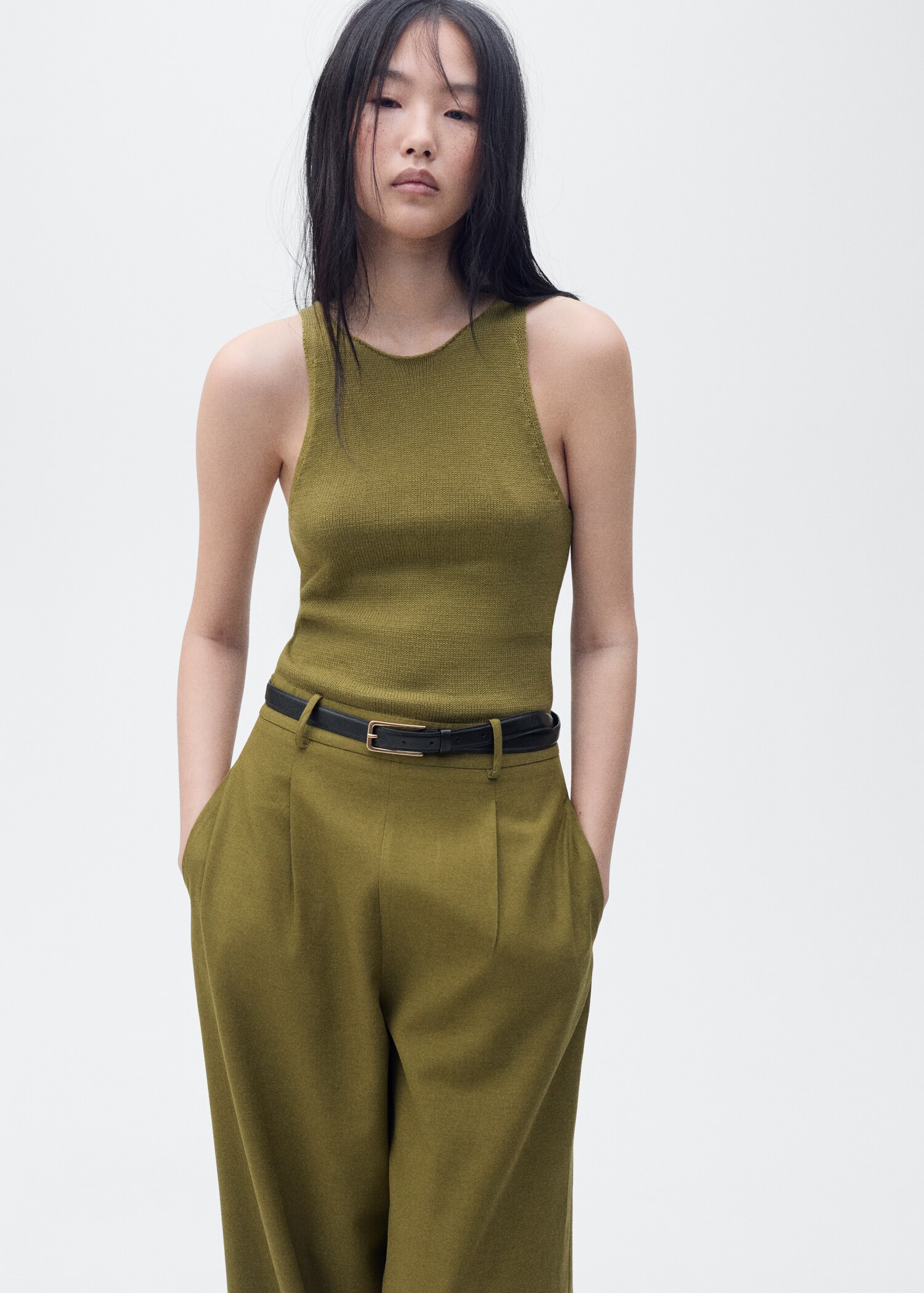 Combined-fabric jumpsuit with belt - Medium plane
