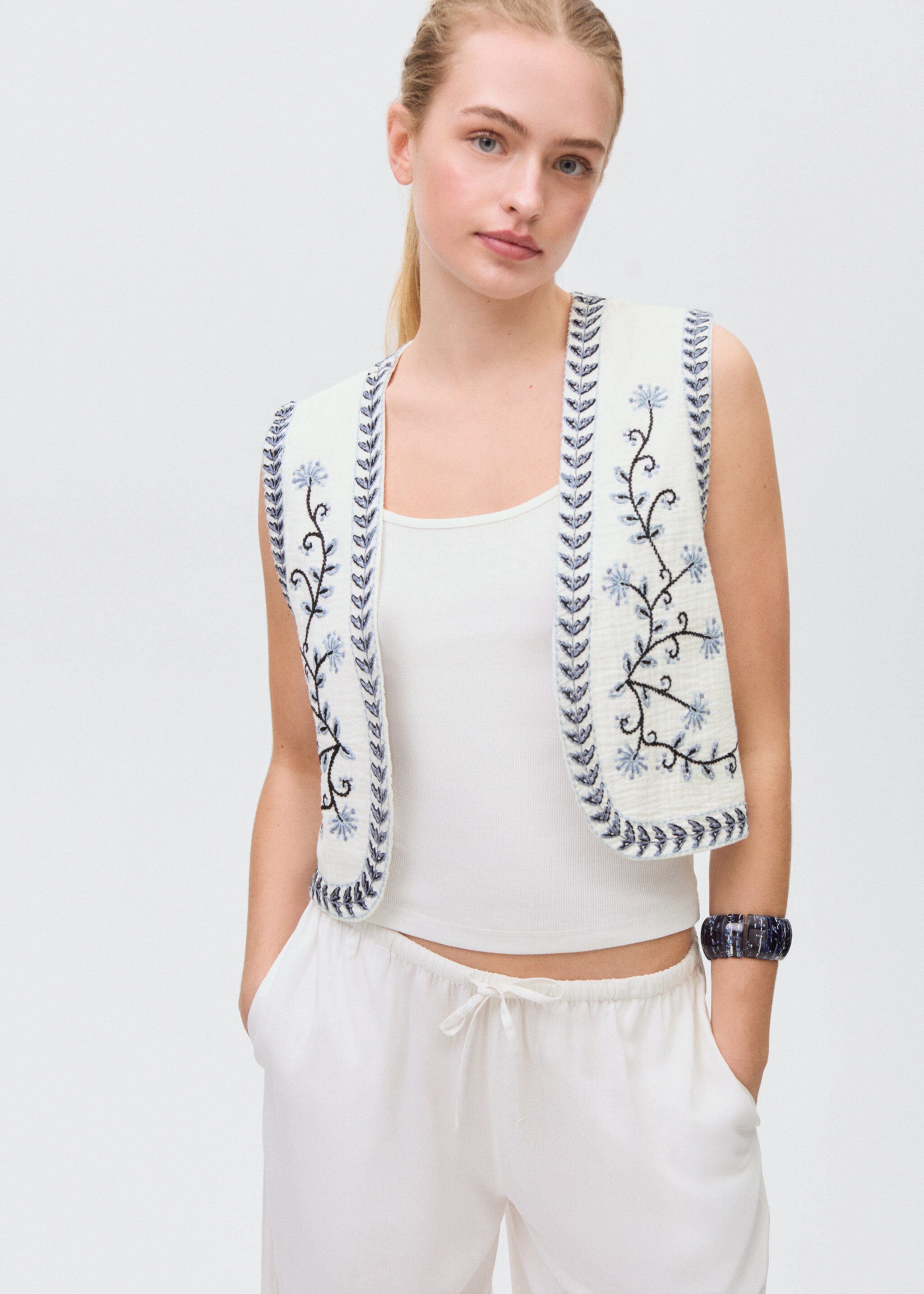 Flower-embroidered cropped waistcoat - Medium plane