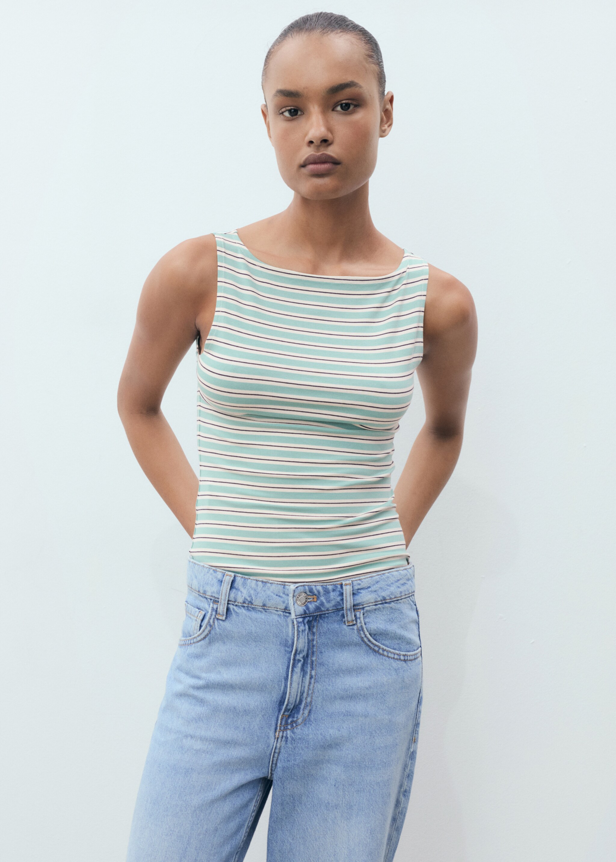 Striped boat-neck top - Medium plane, Green. Ref: 87068651-00.