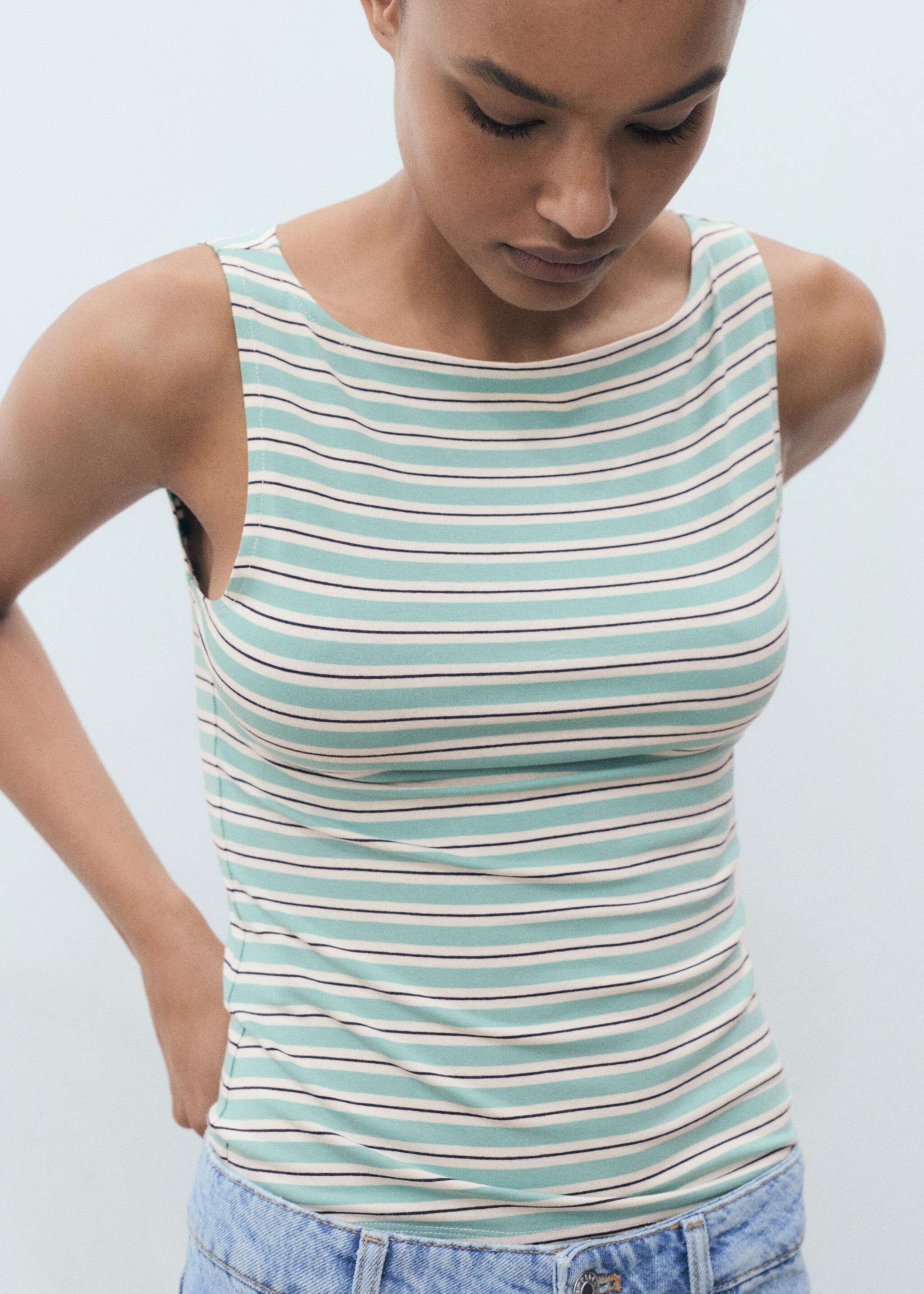 Striped boat-neck top - Details of the article 1, Green. Ref: 87068651-00.