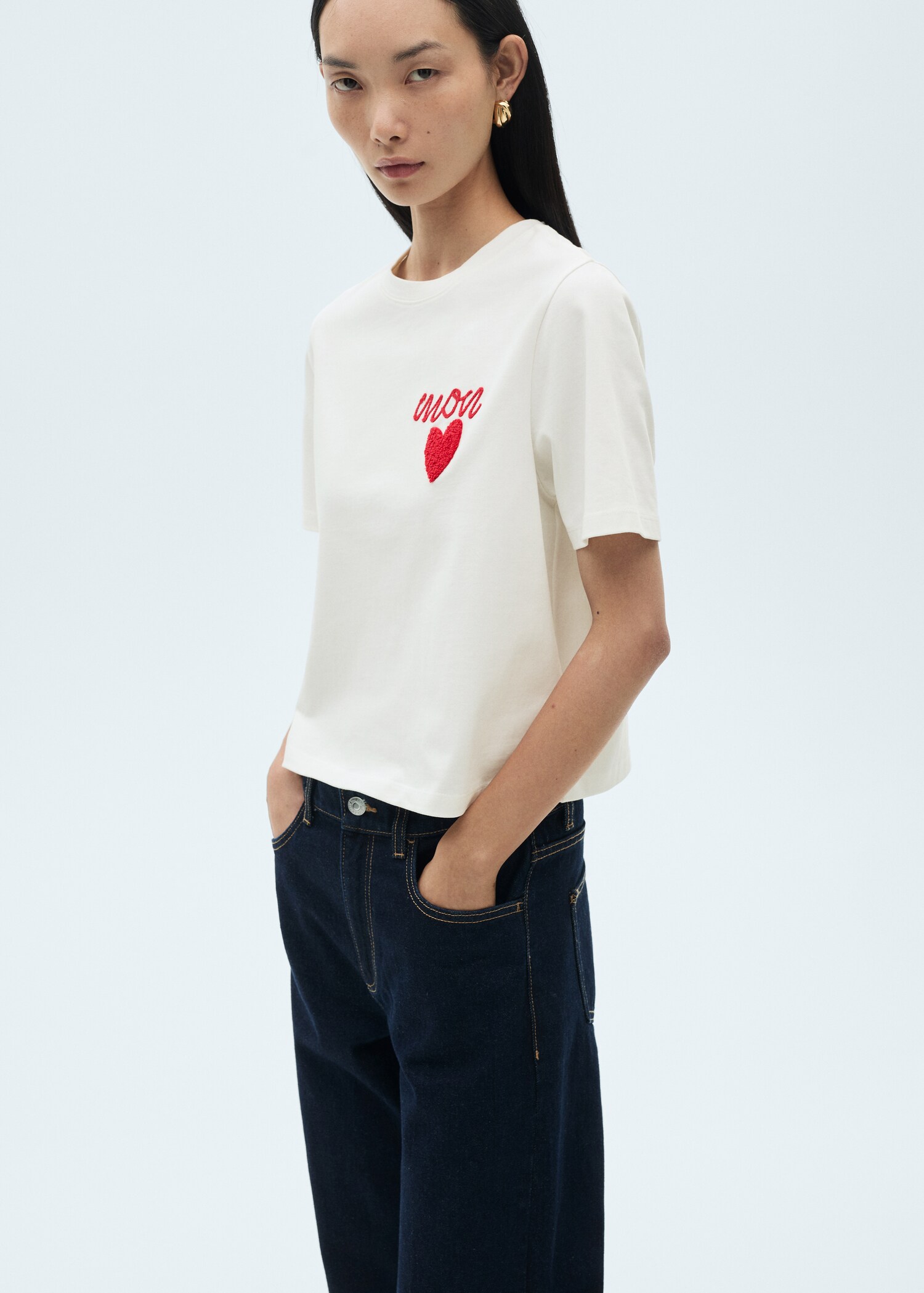 Embroidered detail cotton T-shirt - Medium plane