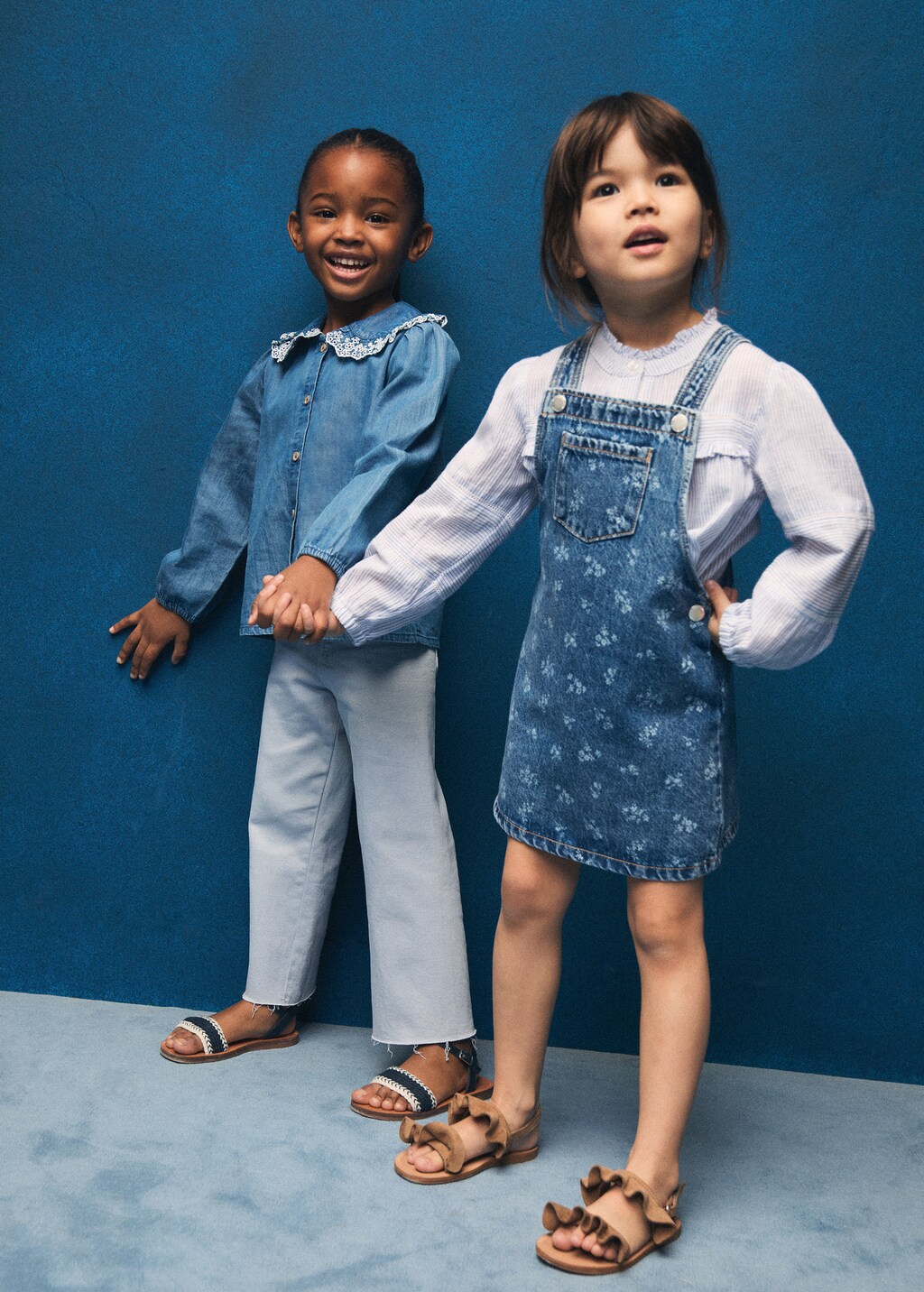 Printed denim pinafore