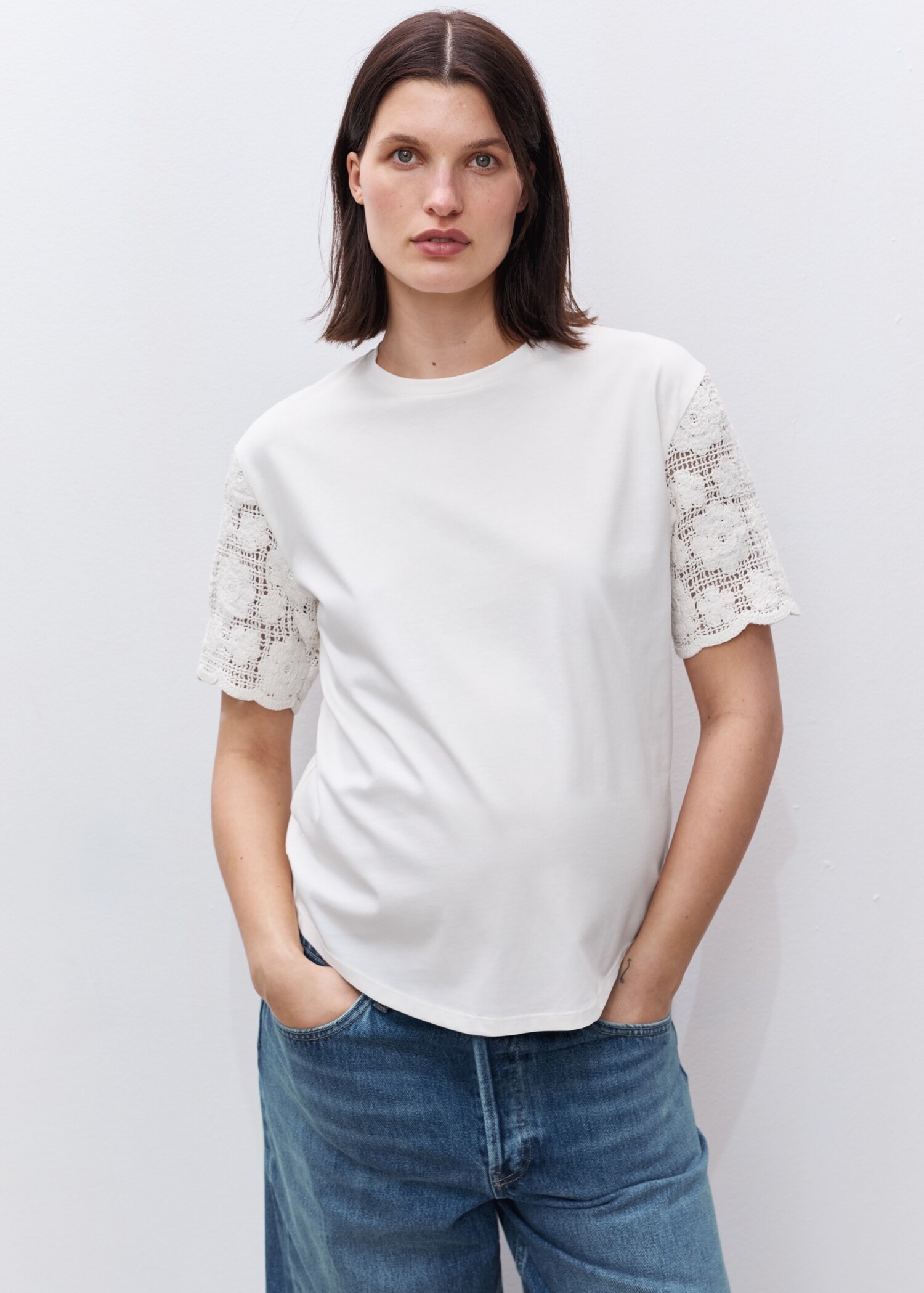 Cotton crochet sleeve t-shirt - Medium plane